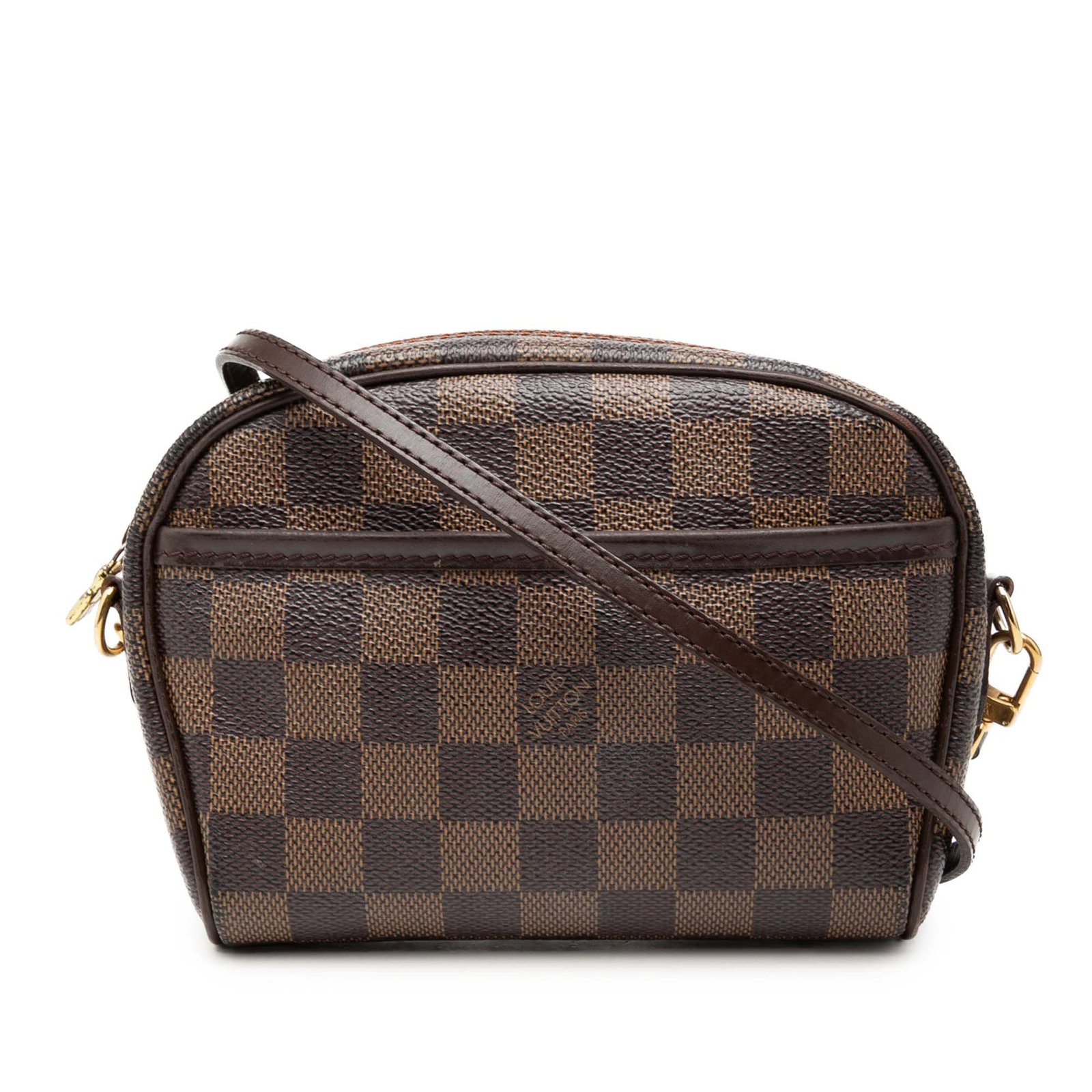 Louis Vuitton Ipanema Pochette Damier Ebene Crossbody Bag: Louis Vuitton Ipanema Pochette Damier Ebene Crossbody Bag Louis Vuitton Damier Ebene Ipanema Pochette in brown Damier Ebene canvas with a flat leather strap, exterior front slip pocket, and top zip cl