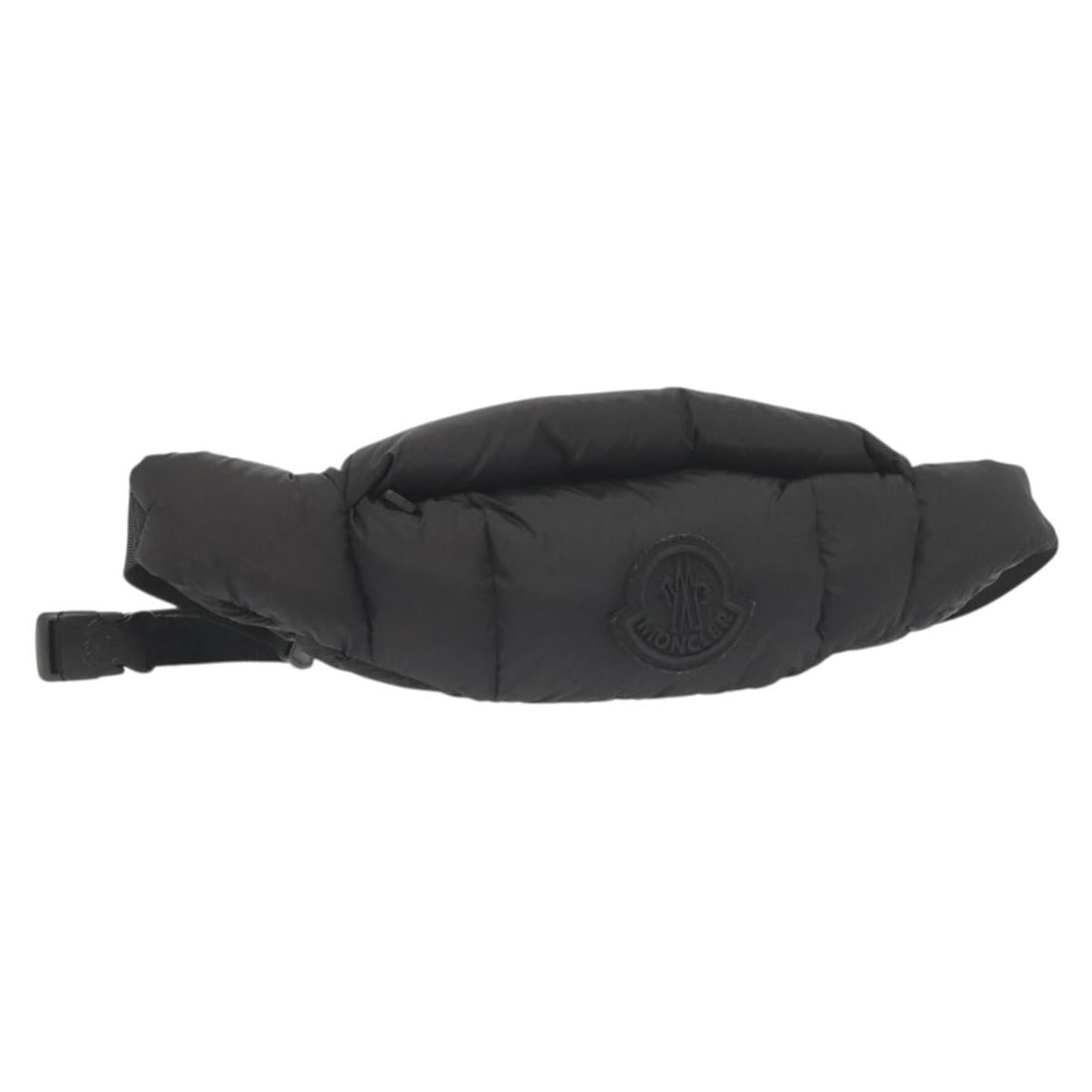 Moncler Black Nylon Waist Bag Made in Italy: Moncler Black Nylon Waist Bag Made in Italy Moncler waist bag in black nylon, made in Italy. The bag is described as a women's style with an adjustable shoulder strap measuring approximately 120 to 17
