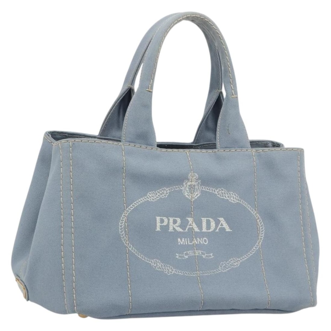 PRADA Canapa MM Canvas Handbag Light Blue with Dust Bag Card: PRADA Canapa MM Canvas Handbag Light Blue with Dust Bag Card Prada Canapa MM handbag in light blue canvas with gold-tone accents. Made in Italy, this women's handbag includes a dust bag and guarantee 