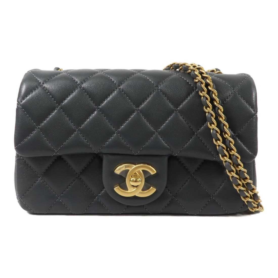 CHANEL AS5759 Mini Flap Shoulder Bag Dark Gray Lambskin: CHANEL AS5759 Mini Flap Shoulder Bag Dark Gray Lambskin A CHANEL mini flap shoulder bag in gray and dark gray lambskin (sheep leather) with a chain shoulder strap and CC turn-lock closure. The bag is 