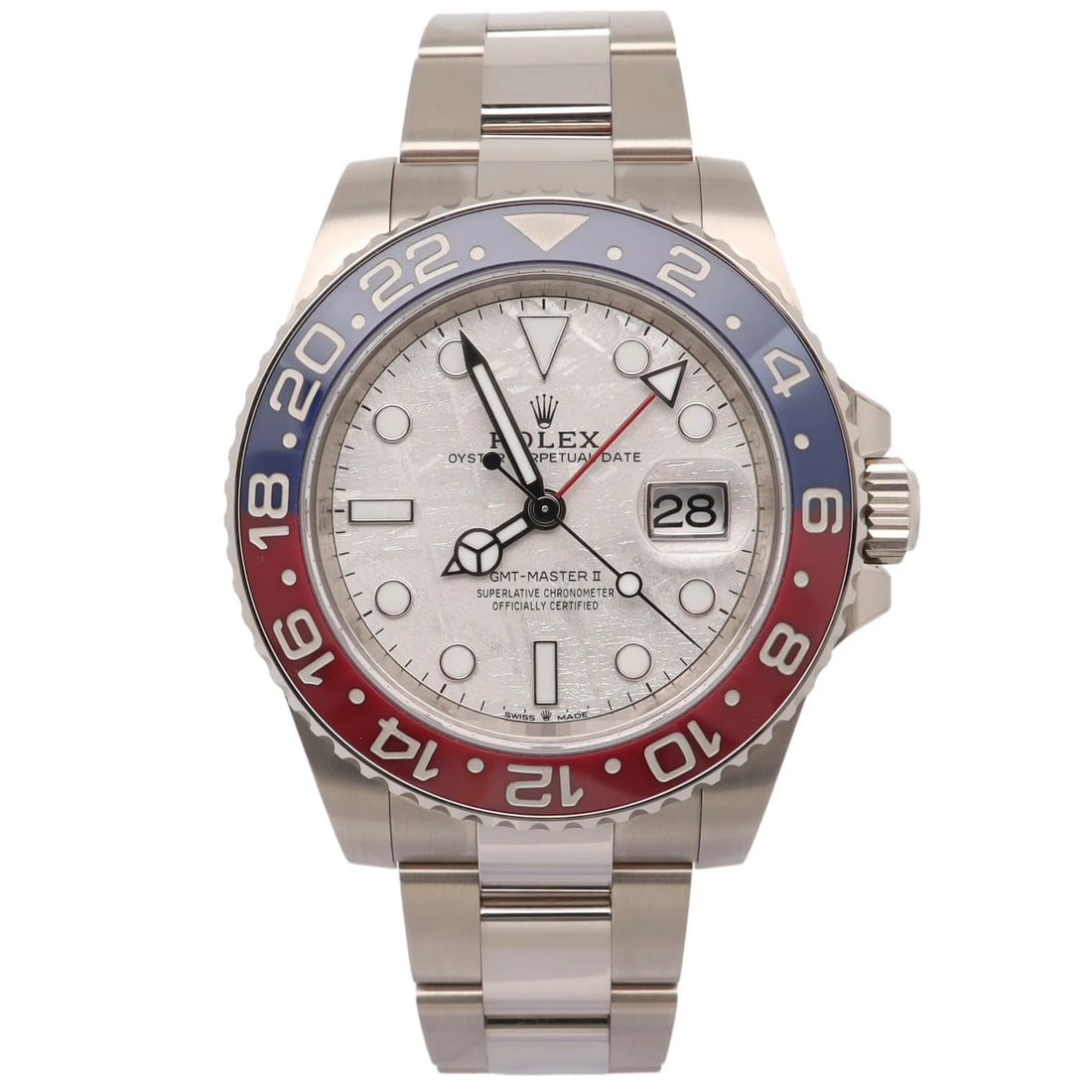 Rolex 126719BLRO GMT-Master II 40mm meteorite dial white gold watch: Rolex 126719BLRO GMT-Master II 40mm meteorite dial white gold watch Pre-owned Rolex GMT-Master II wristwatch with a meteorite dial and blue/red bidirectional GMT bezel. This men's luxury watch feature