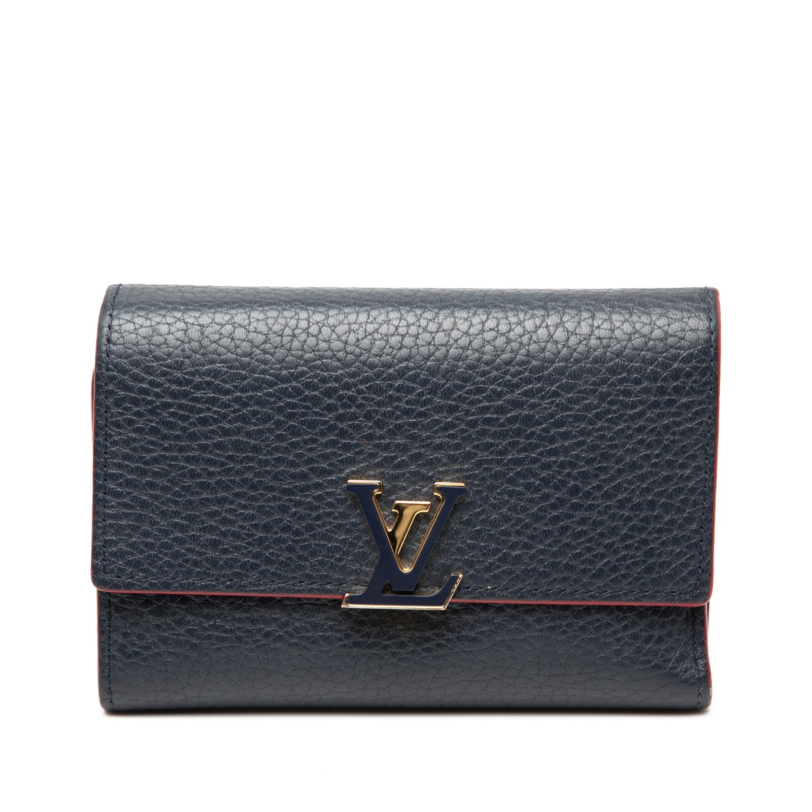 Blue Louis Vuitton Capucines Taurillon Leather Compact Wallet: Blue Louis Vuitton Capucines Taurillon Leather Compact Wallet The Louis Vuitton Taurillon Capucines Compact Wallet features a blue leather body, a snap button closure, and interior zip and slip pocket