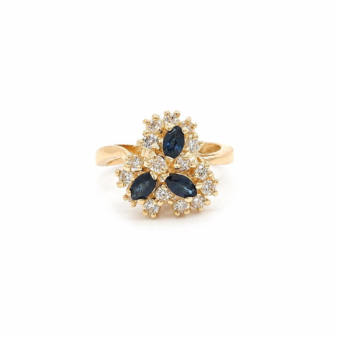 Unbranded 14k Yellow Gold Cocktail Ring with Sapphires and 16 Diamonds: Unbranded 14k Yellow Gold Cocktail Ring with Sapphires and 16 Diamonds Pre-owned cocktail ring crafted in solid 14k yellow gold, featuring three natural marquise-cut blue sapphires accented by sixteen