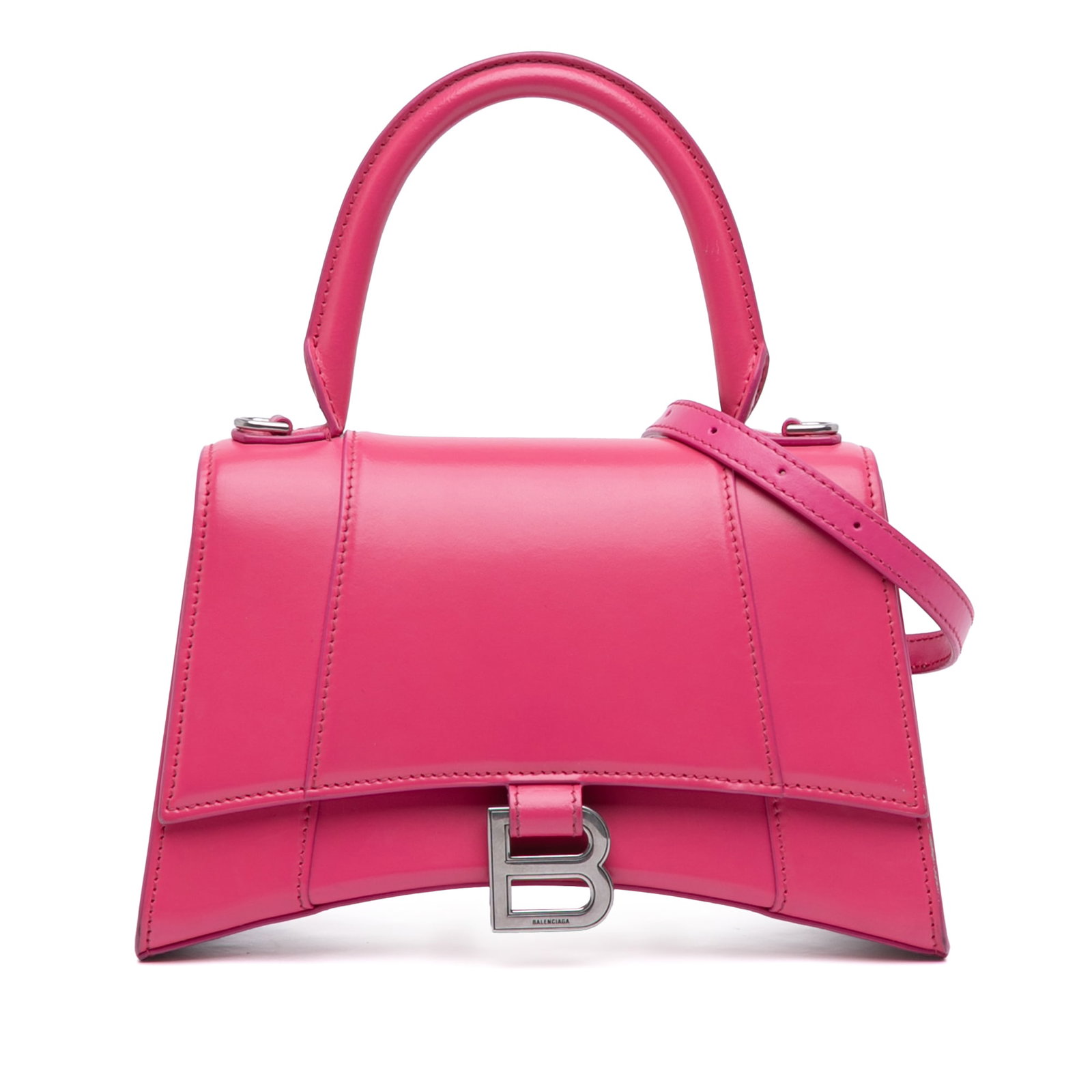 Balenciaga Small Pink Hourglass Satchel in Shiny Box Calfskin: Balenciaga Small Pink Hourglass Satchel in Shiny Box Calfskin Introducing the Balenciaga Small Shiny Box Calfskin Hourglass Satchel, a chic and stylish bag crafted from premium leather. This satchel f