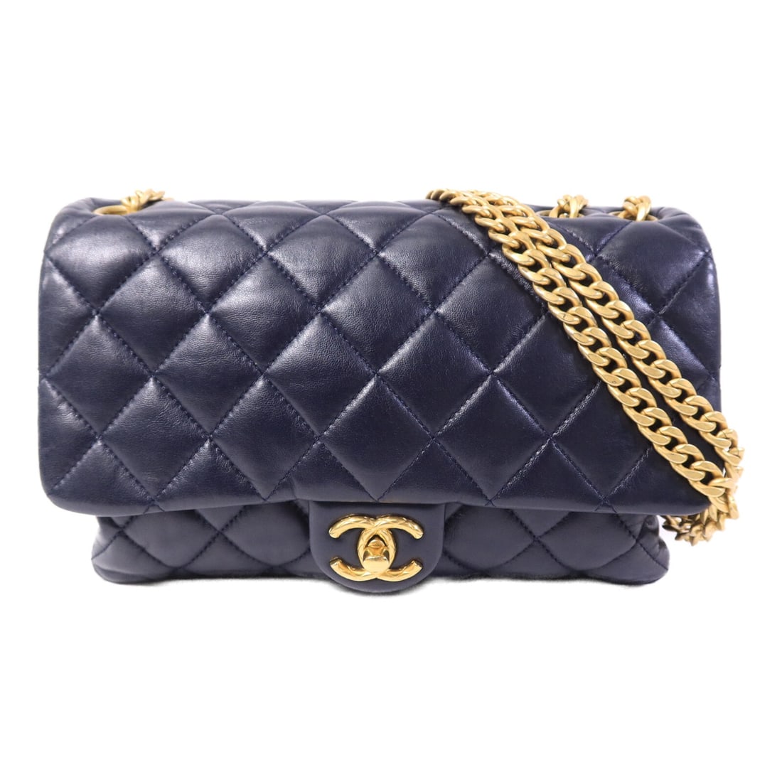 CHANEL AS3609 CC Chain Shoulder Bag Navy Lambskin Gold Tone: CHANEL AS3609 CC Chain Shoulder Bag Navy Lambskin Gold Tone A CHANEL shoulder bag in navy lambskin (sheep leather) with CC GHW chain detailing. It features a turn lock closure and an interior layout w