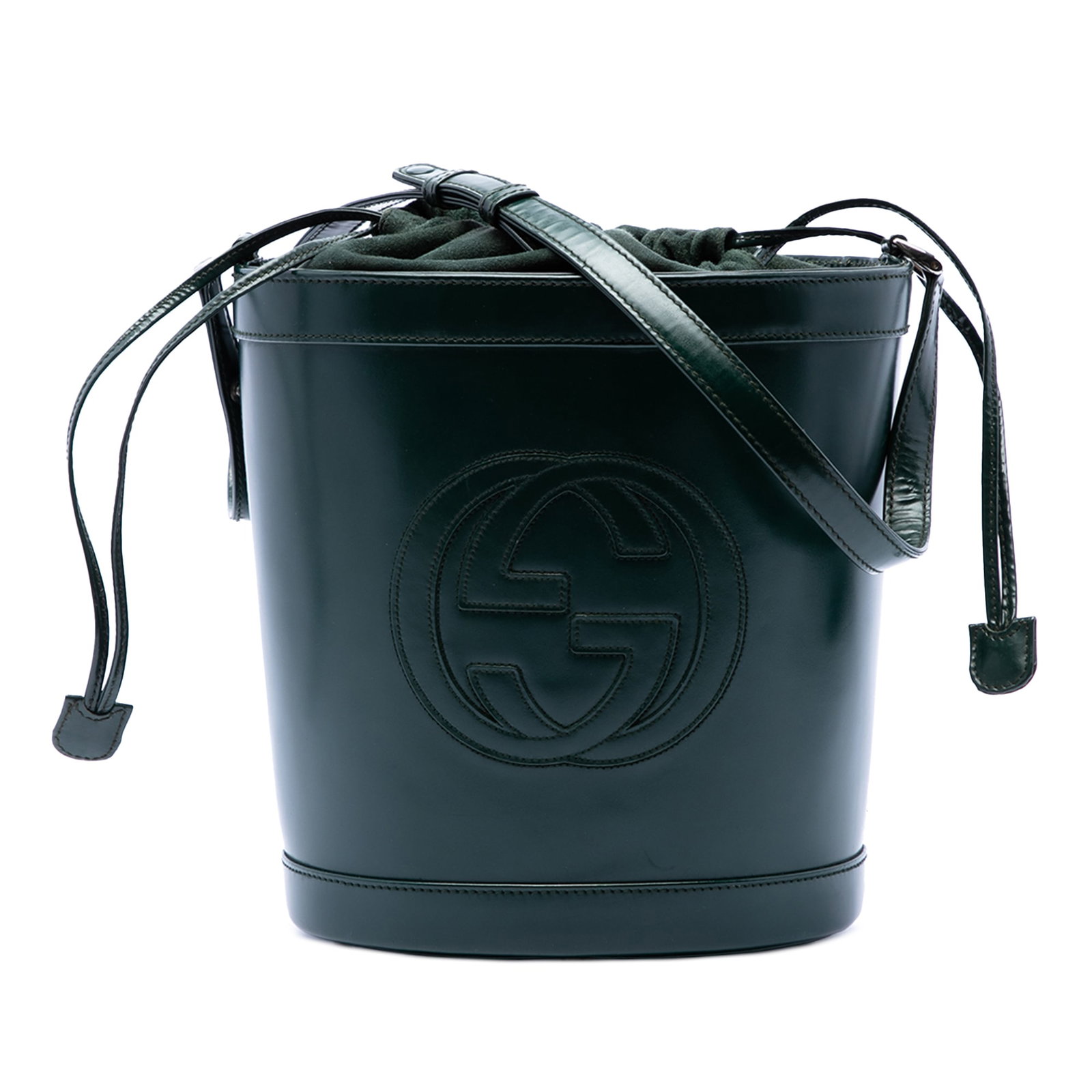 Gucci Interlocking G Calfskin Bucket Bag Green Leather: Gucci Interlocking G Calfskin Bucket Bag Green Leather Gucci Calfskin Interlocking G Bucket Bag in green leather with a drawstring top closure, flat leather strap, and an interior zip pocket. Made in 