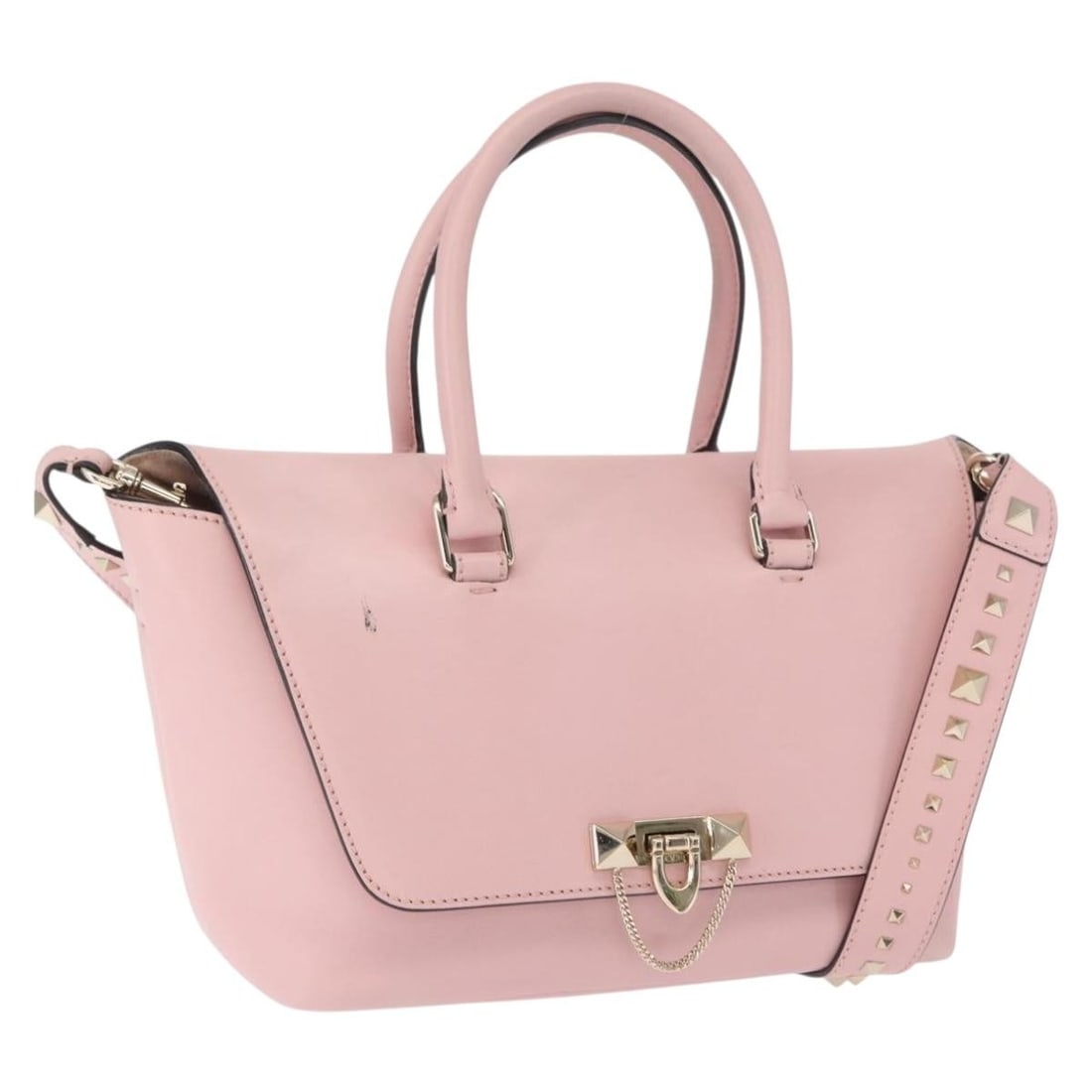 Valentino Pink Leather Handbag with Gold Accents and Shoulder Strap: Valentino Pink Leather Handbag with Gold Accents and Shoulder Strap This Valentino handbag is crafted from leather in a pink and gold color combination. Designed for versatility, it features both top 