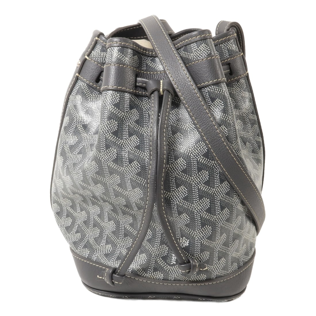Goyard Petit Flot Gray PVC Coated Canvas Shoulder Bag: Goyard Petit Flot Gray PVC Coated Canvas Shoulder Bag Petit Flot shoulder bag in gray PVC coated canvas with silver-tone hardware. Made in France, this women's bag has a bucket-style silhouette and co