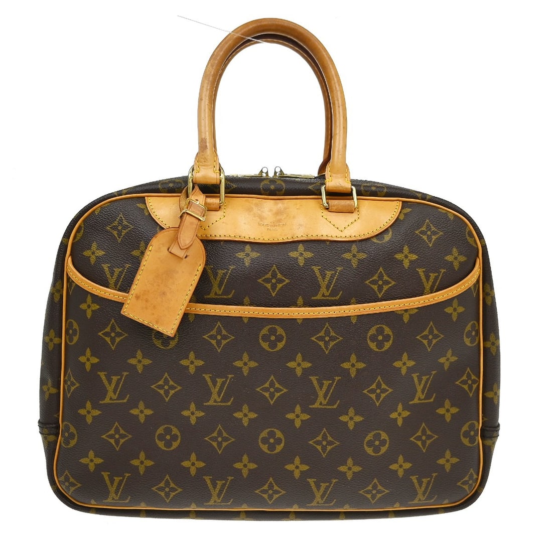 Louis Vuitton Deauville Monogram Canvas Vanity Handbag M47270: Louis Vuitton Deauville Monogram Canvas Vanity Handbag M47270 Vintage Louis Vuitton Deauville Bowling Vanity handbag in brown Monogram canvas with leather trim and double beige handles. This zip-top h