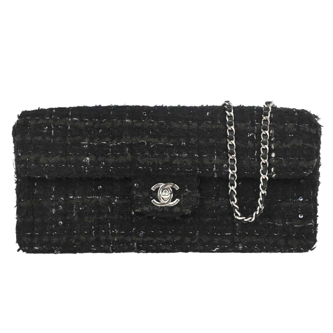 CHANEL East West black tweed shoulder bag with chain strap: CHANEL East West black tweed shoulder bag with chain strap Chanel East West shoulder bag in black tweed with a matelasse quilted design and turn-lock closure. This medium shoulder bag features a chain