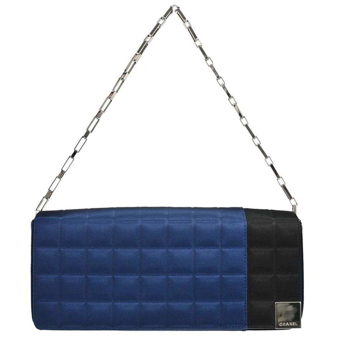 CHANEL Quilted Satin Top Handle Bag Blue Black: CHANEL Quilted Satin Top Handle Bag Blue Black Chanel Choco Bar top handle handbag in blue and black quilted satin. This medium handbag features a magnetic closure, top handle, and interior pocket. Ma