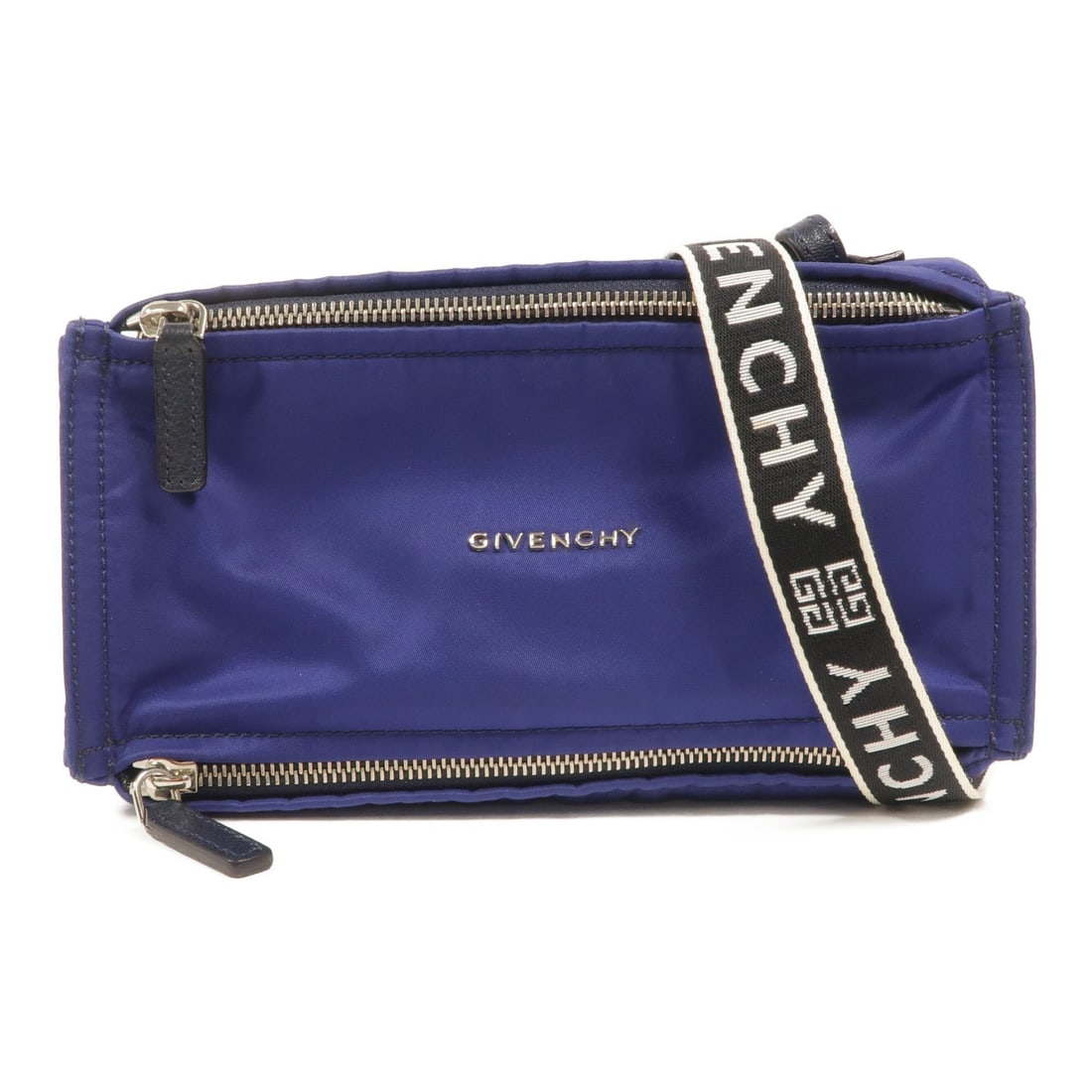 Givenchy Mini Pandora Blue Nylon Shoulder Bag EFG0148: Givenchy Mini Pandora Blue Nylon Shoulder Bag EFG0148 Mini Pandora shoulder bag by Givenchy in blue nylon. This women's bag features a compact silhouette with zippered pocket storage and includes stor