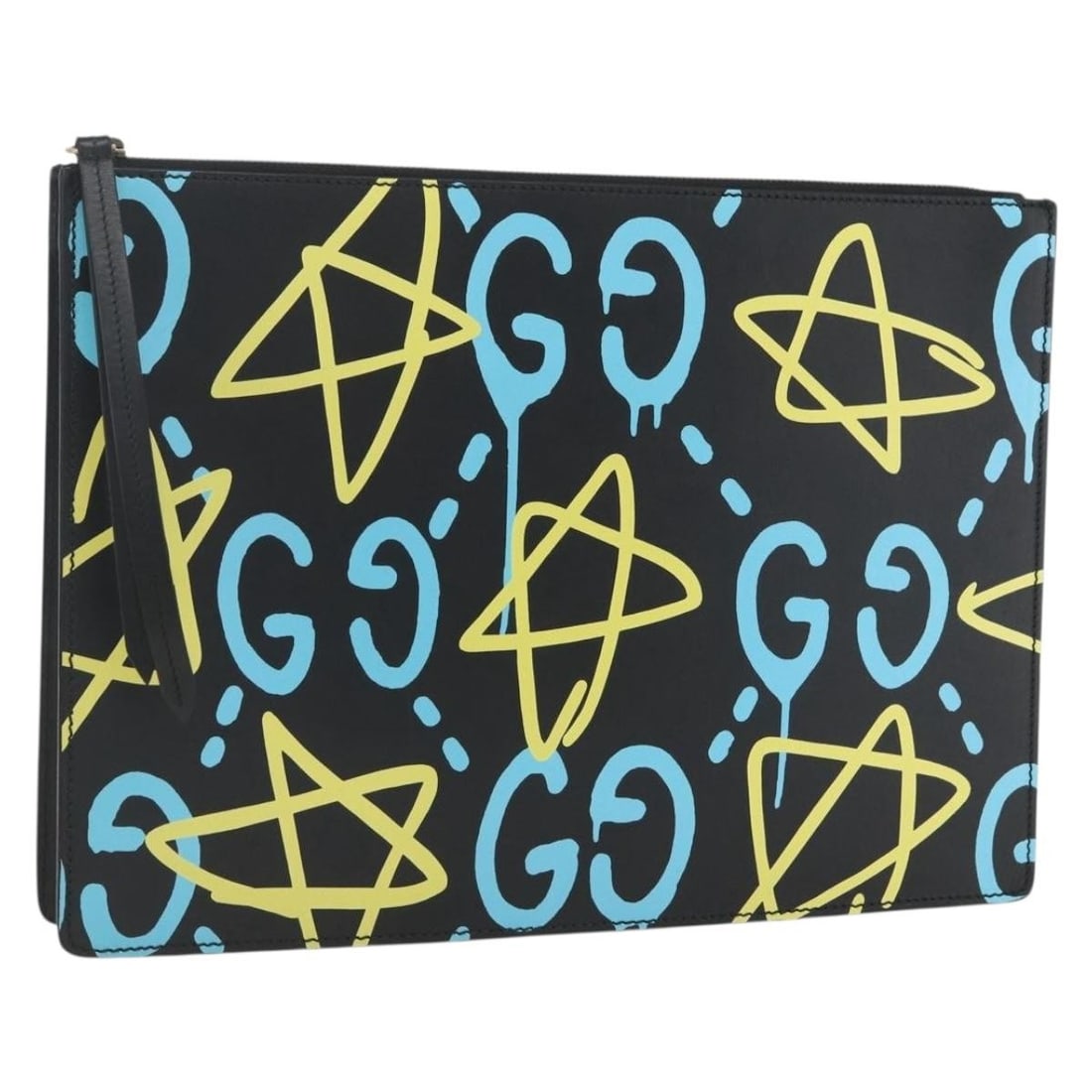 Gucci 433665 GG Ghost black leather clutch bag: Gucci 433665 GG Ghost black leather clutch bag Gucci GG Ghost clutch bag in black leather. This women's clutch is made in Italy and features a slim profile with light overall wear consistent with the 