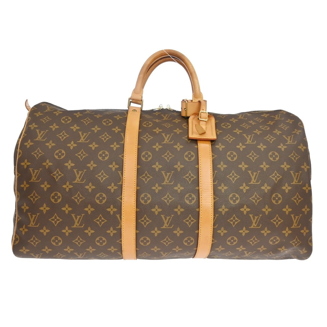 Louis Vuitton Keepall 55 Monogram Canvas Duffle Bag M41424: Louis Vuitton Keepall 55 Monogram Canvas Duffle Bag M41424 Vintage Louis Vuitton Keepall 55 travel handbag in brown Monogram canvas with leather trim and double handles. This extra-large duffle-style 