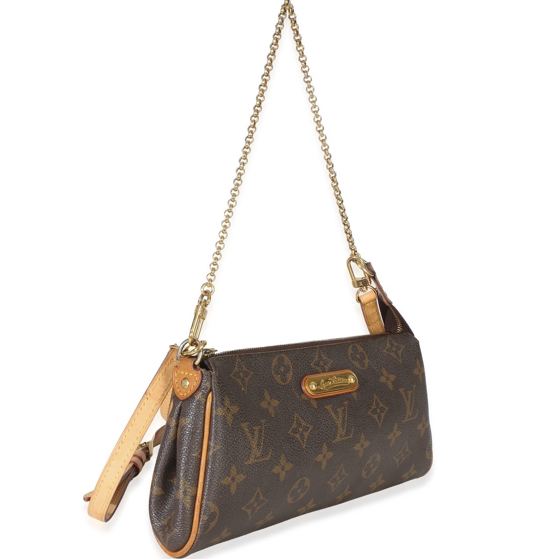 Louis Vuitton Eva Clutch Monogram Canvas Shoulder Bag with Strap: Louis Vuitton Eva Clutch Monogram Canvas Shoulder Bag with Strap Pre-owned Louis Vuitton Eva Clutch in brown monogram canvas with a zip-top closure and gold-tone hardware. This unisex shoulder bag inc