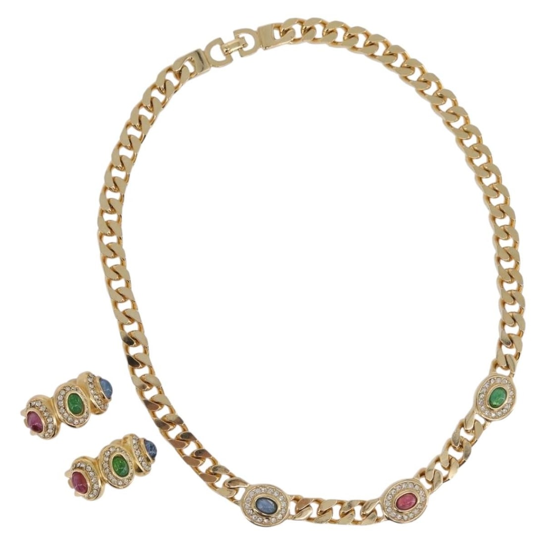 Set of 2 Christian Dior Gold Tone Metal Necklaces with Color Stones: Set of 2 Christian Dior Gold Tone Metal Necklaces with Color Stones This Christian Dior necklace set features two pieces crafted from gold tone metal and adorned with colorful rhinestones. Designed fo
