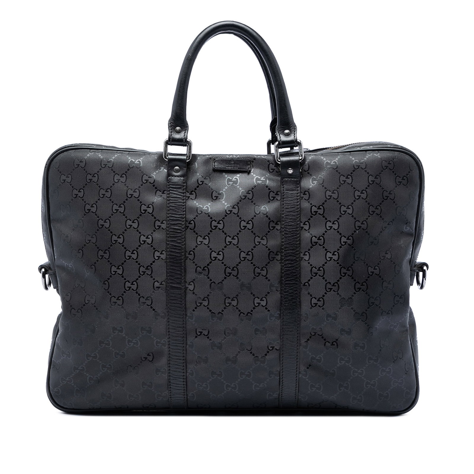 Gucci GG Imprime Black Coated Canvas Business Briefcase: Gucci GG Imprime Black Coated Canvas Business Briefcase Gucci GG Imprime business bag crafted with a coated canvas body and leather trim. It features rolled leather handles, a top zip closure, and an 