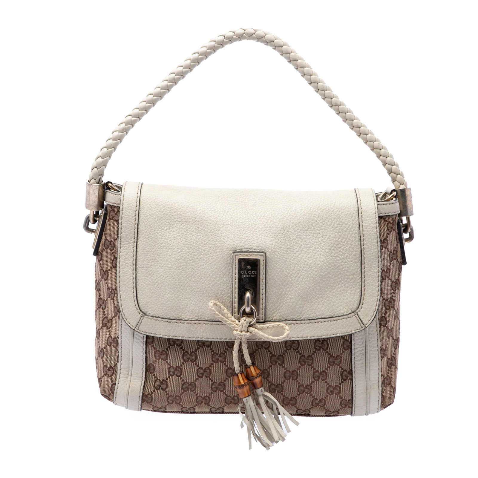 Gucci Bella Flap Satchel in Beige GG Canvas: Gucci Bella Flap Satchel in Beige GG Canvas Gucci Bella flap satchel in beige GG canvas with leather trim and a braided leather handle. The bag features a top flap with magnetic snap button closure, a