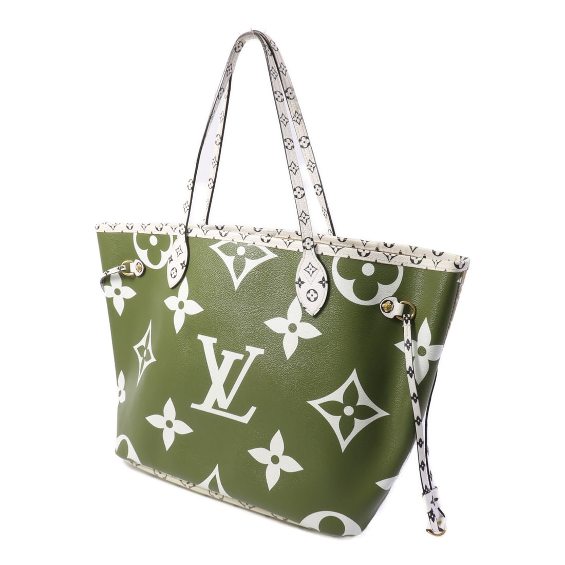Louis Vuitton Neverfull MM M44568 Monogram Giant Tote Green Beige: Louis Vuitton Neverfull MM M44568 Monogram Giant Tote Green Beige The Louis Vuitton Neverfull MM tote bag is presented in Green/Beige with Monogram Giant and PVC coated canvas construction. It feature