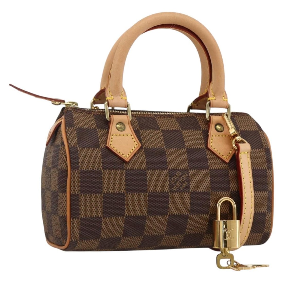 Louis Vuitton Mini Speedy Hand Bag Damier Ebene Canvas with Strap: Louis Vuitton Mini Speedy Hand Bag Damier Ebene Canvas with Strap Louis Vuitton Damier Ebene Mini Speedy handbag in Damier Ebene Canvas, made in France. This women's bag measures approximately 16 cm W