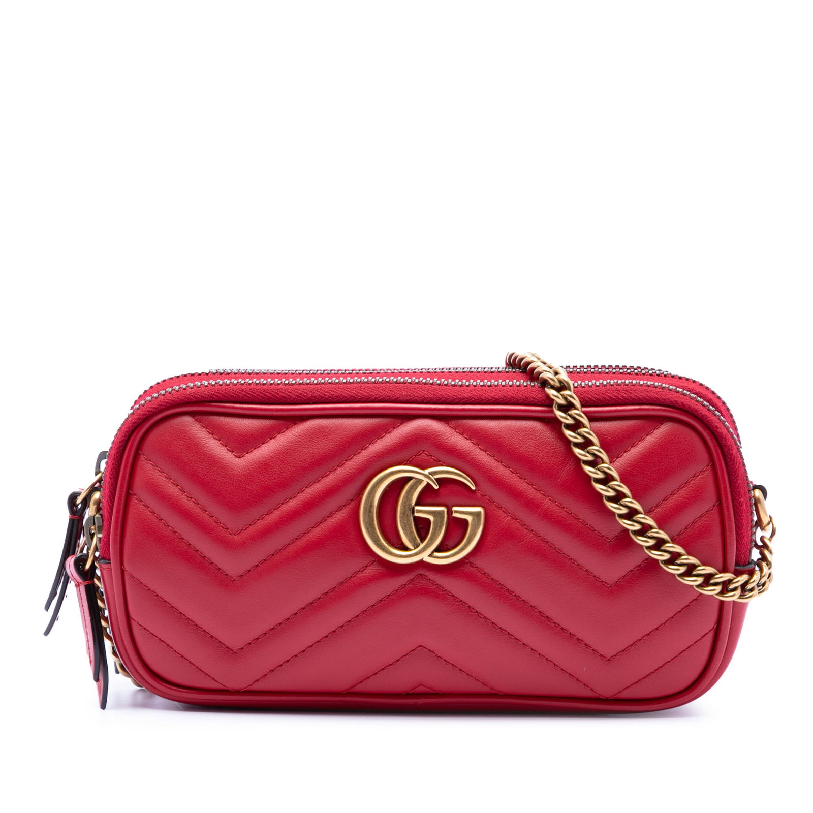 Gucci GG Marmont Mini Triple Zip Leather Crossbody Bag: Gucci GG Marmont Mini Triple Zip Leather Crossbody Bag Gucci GG Marmont triple zip crossbody bag in red quilted leather. This compact crossbody features a gold-tone chain strap, three top zip compartm