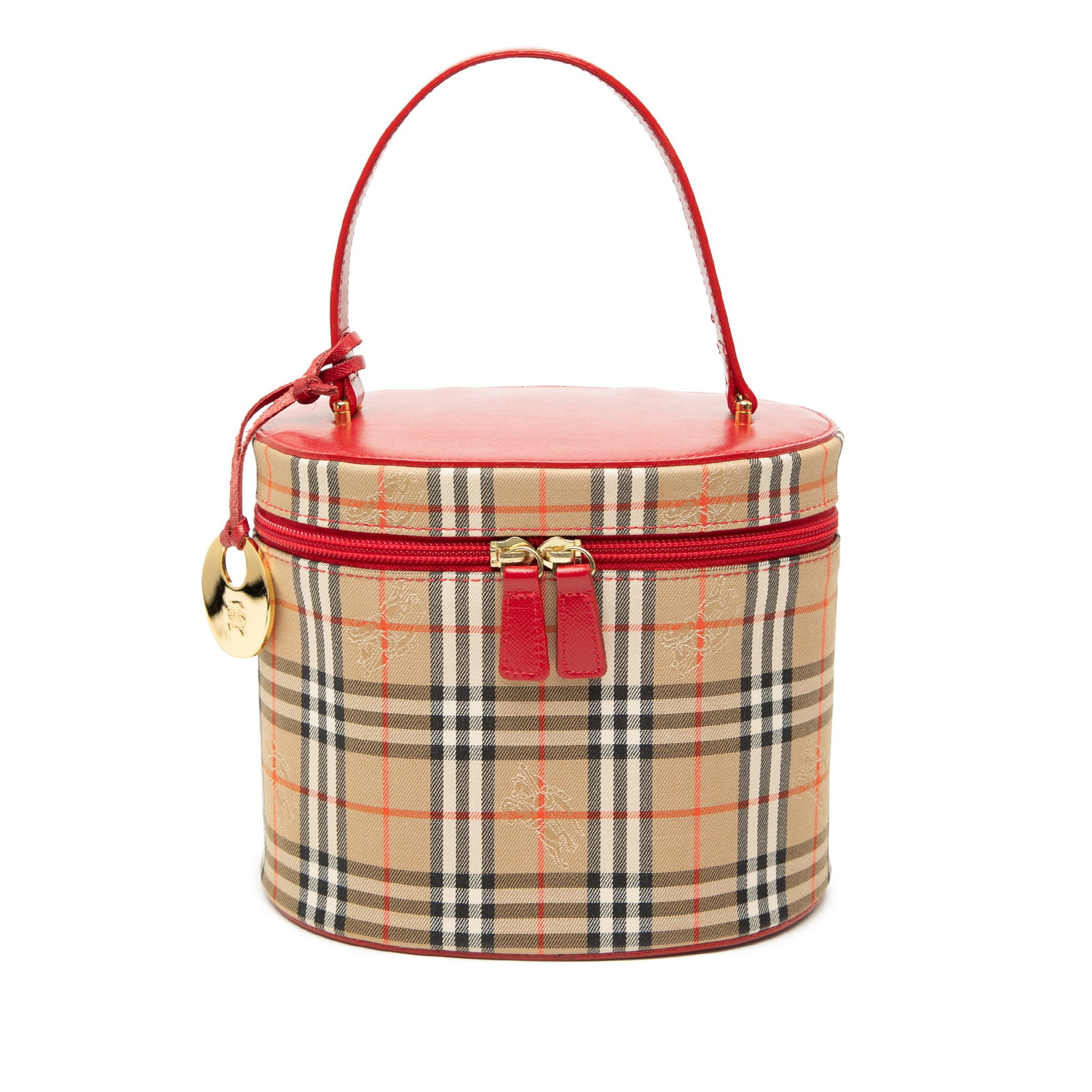 Burberry Haymarket Check Vanity Bag in Canvas with Leather Trim: Burberry Haymarket Check Vanity Bag in Canvas with Leather Trim Burberry Haymarket Check canvas vanity bag with leather trim, a flat leather top handle, zip-around closure, and interior slip pockets. 