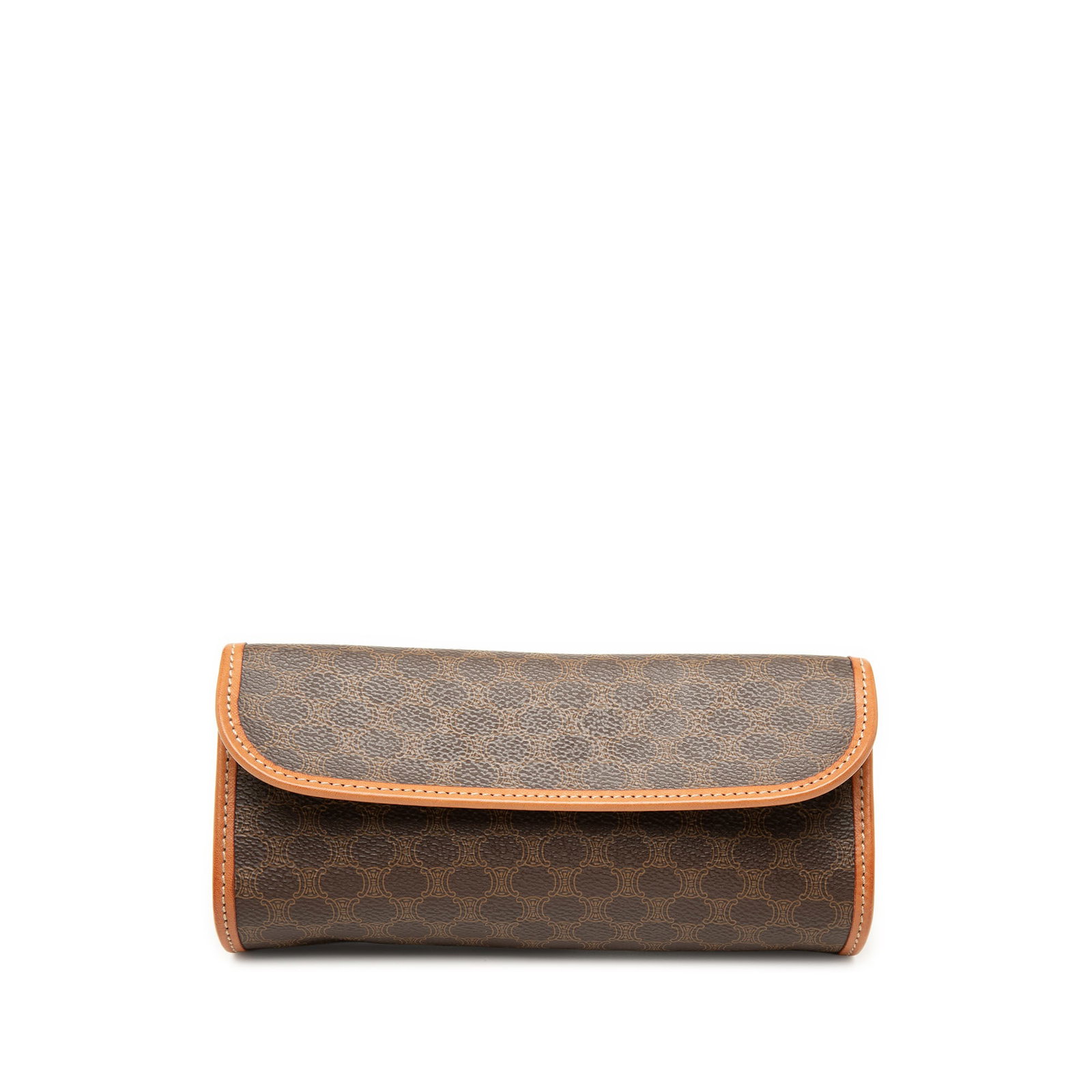 Celine Macadam Brown Coated Canvas Clutch Bag: Celine Macadam Brown Coated Canvas Clutch Bag Celine Macadam coated canvas clutch with leather trim and a front flap secured by a magnetic snap closure. Made in Italy, this brown clutch features the M