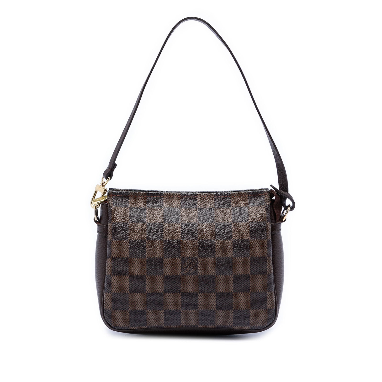 Louis Vuitton Damier Ebene canvas zip pouch: Louis Vuitton Damier Ebene canvas zip pouch This Louis Vuitton Damier Ebene Trousse Pochette features a brown Damier Ebene canvas body with leather trim, a flat leather strap, and a top zip closure. T