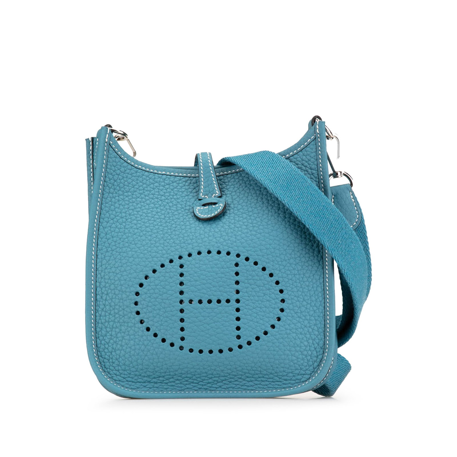 Hermes Evelyne III TPM Blue Paon Leather Crossbody Bag: Hermes Evelyne III TPM Blue Paon Leather Crossbody Bag This Hermes Clemence Evelyne III TPM bag is crafted from Clemence leather in the Blue Paon color. It features a detachable flat canvas strap and 