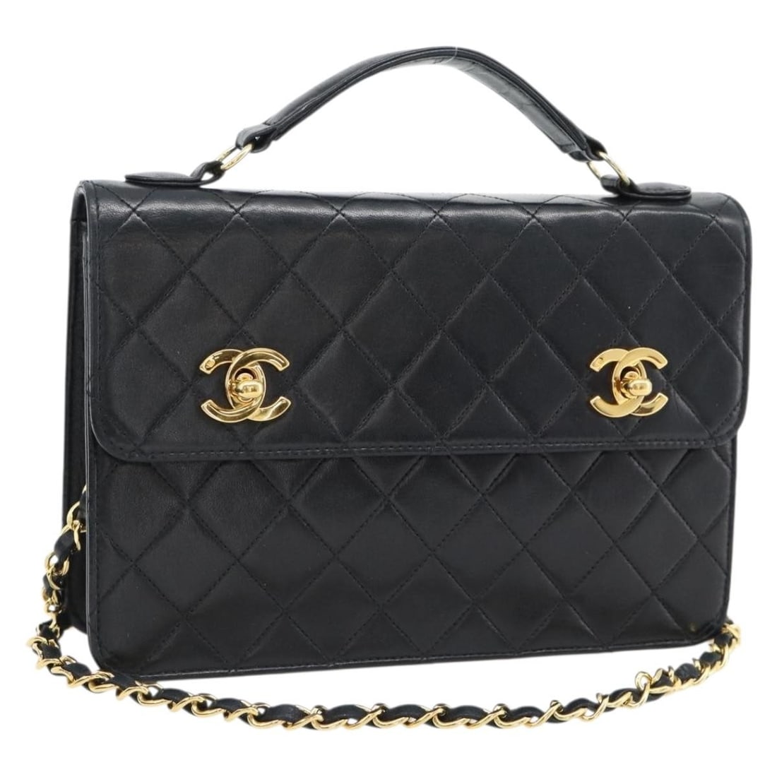 CHANEL Matelasse 23 Lambskin 2way Shoulder Bag Double CC Turn Lock: CHANEL Matelasse 23 Lambskin 2way Shoulder Bag Double CC Turn Lock CHANEL Matelasse 23 double turn lock chain shoulder bag in black and gold, made in France from leather and lamb skin. This 2-way bag 