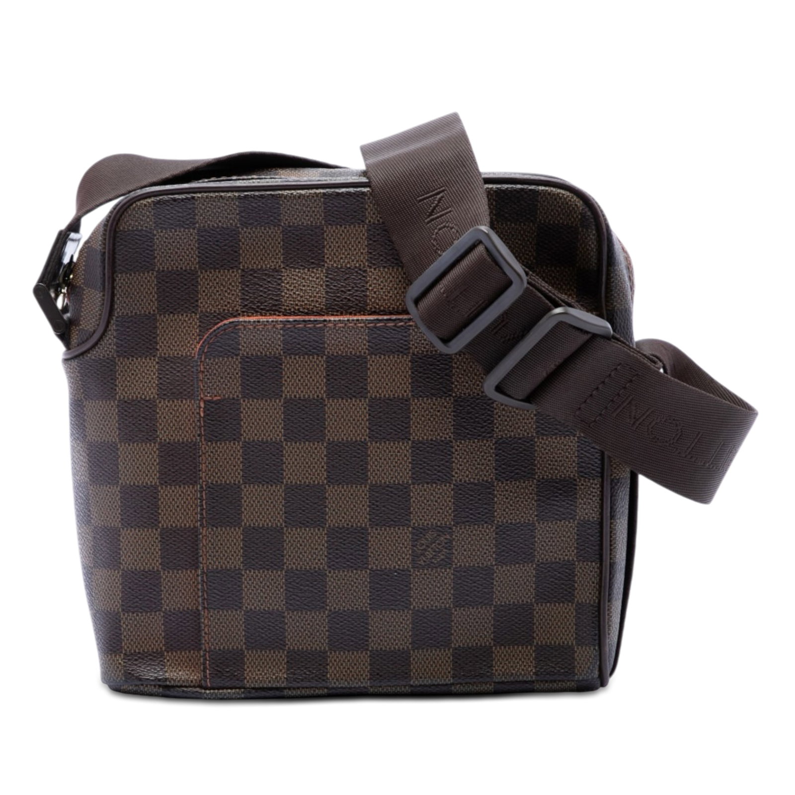 Louis Vuitton Olav PM Damier Ebene Crossbody Bag: Louis Vuitton Olav PM Damier Ebene Crossbody Bag Louis Vuitton Damier Ebene Olav PM bag in brown Damier canvas with leather trim. It features an adjustable flat strap, top zip closure, an exterior fro