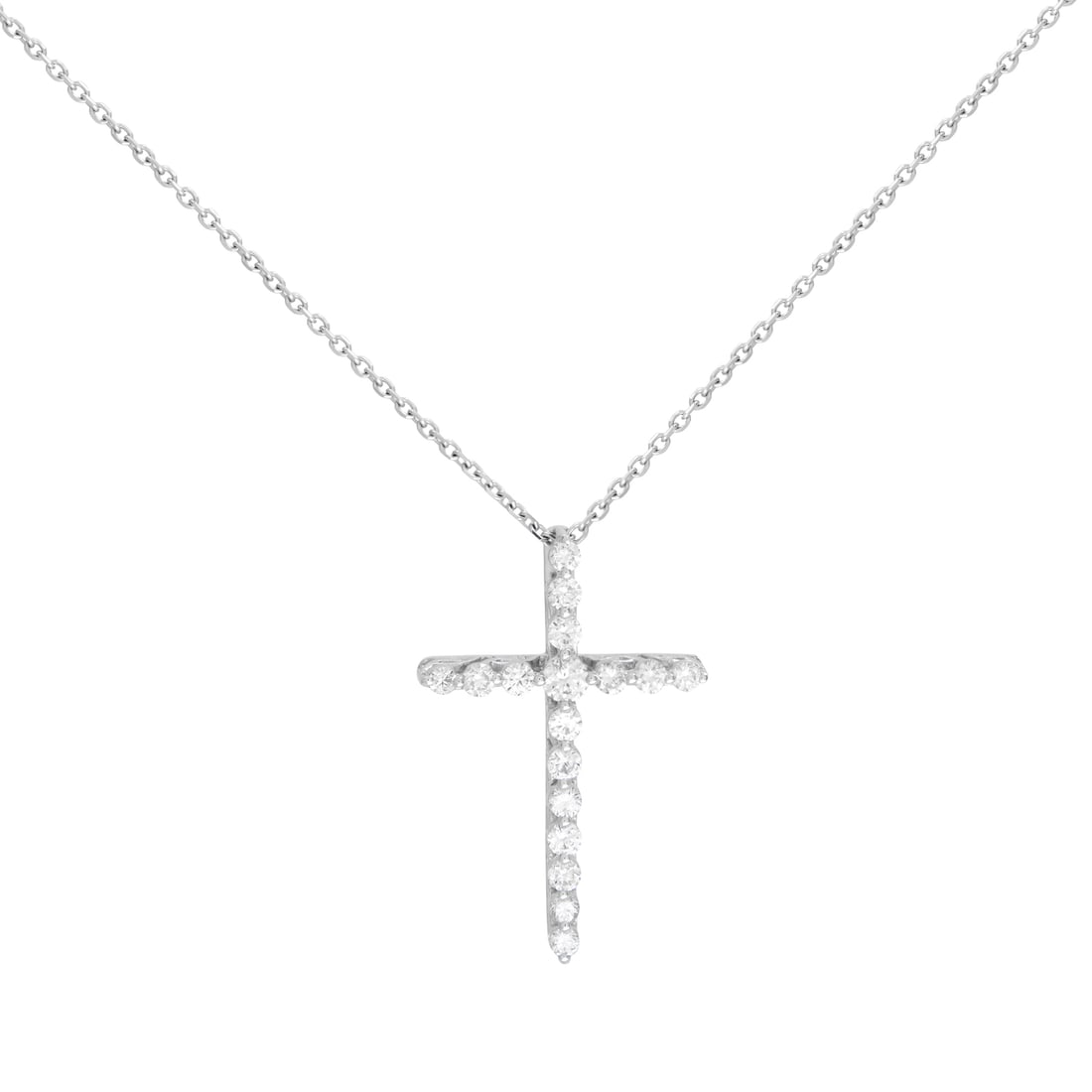 Rachel Koen 18K White Gold Diamond Cross Pendant Necklace 0.50ct: Rachel Koen 18K White Gold Diamond Cross Pendant Necklace 0.50ct This exquisite diamond cross pendant necklace is a stunning piece crafted in 18K white gold. Featuring 17 brilliant round cut diamonds 