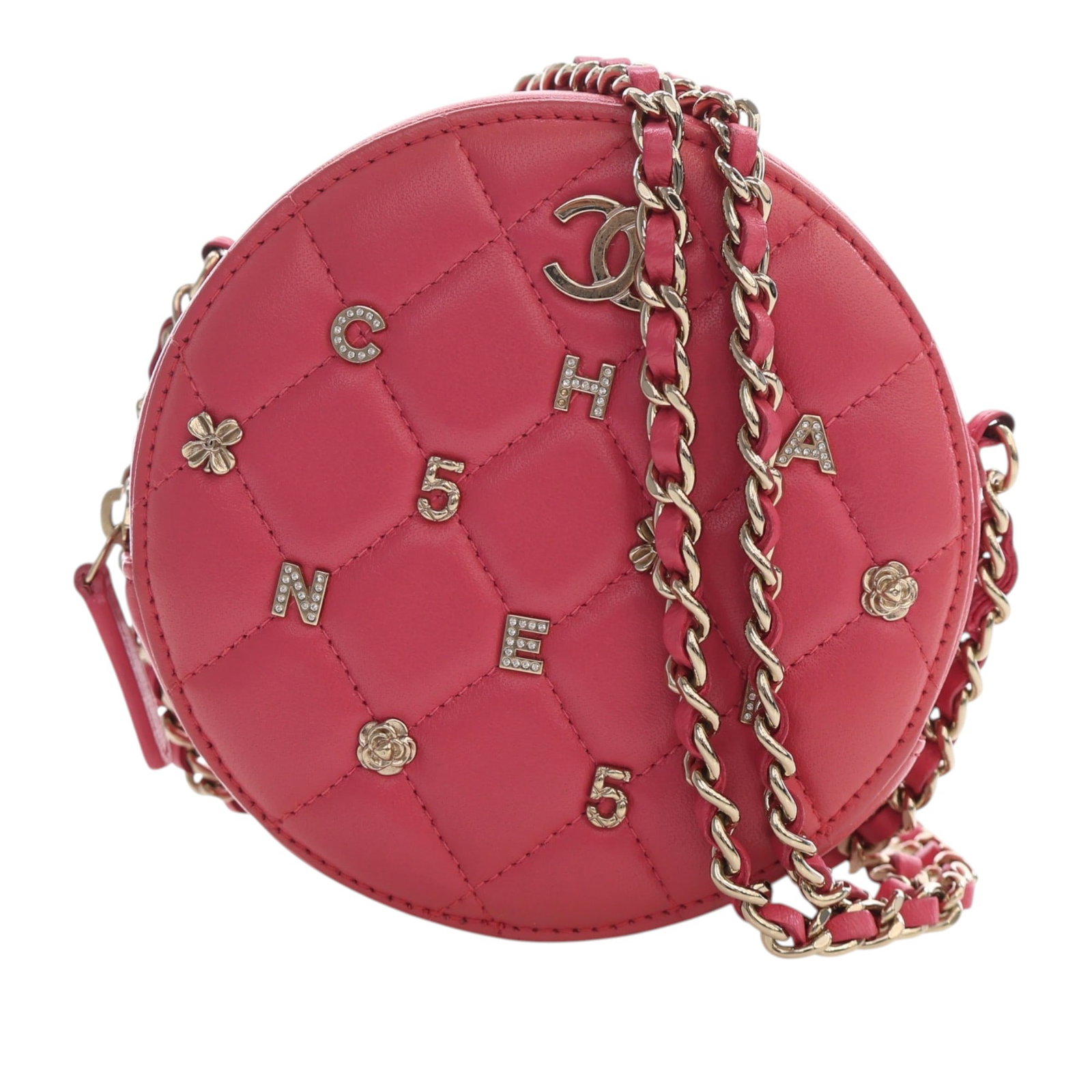 Chanel Lucky Charms Round Clutch Pink Quilted Lambskin Chain Strap: Chanel Lucky Charms Round Clutch Pink Quilted Lambskin Chain Strap Round Chanel crossbody clutch crafted in quilted pink lambskin leather with Lucky Charms detailing. It features a leather-woven chain