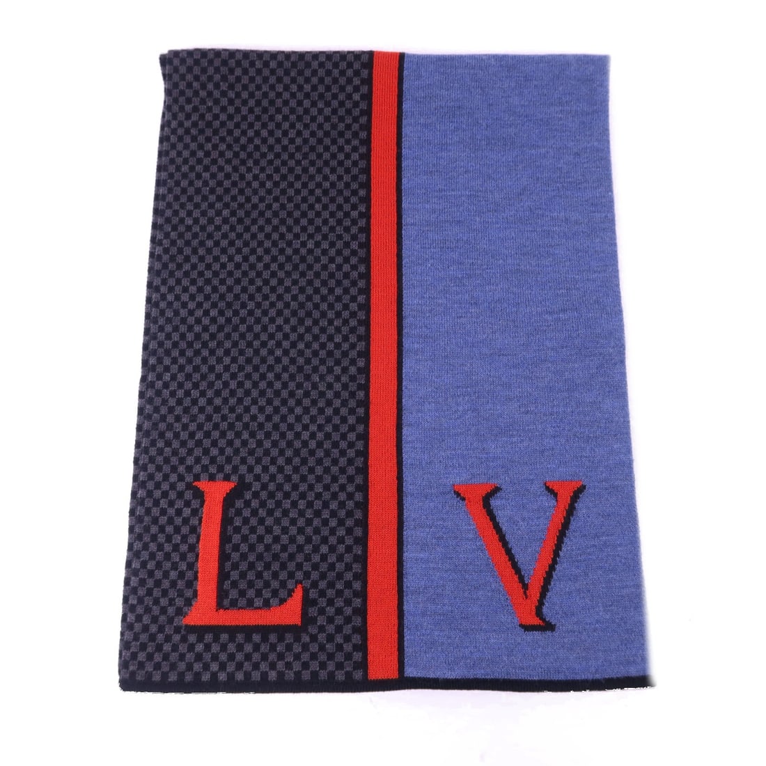 LOUIS VUITTON M70249 LV Echarpes Wool Scarf Blue Black Red: LOUIS VUITTON M70249 LV Echarpes Wool Scarf Blue Black Red Louis Vuitton LV Echarpes scarf, model M70249, made of wool in BluexBlack. It is a men's regular-size scarf from France and is listed in Very