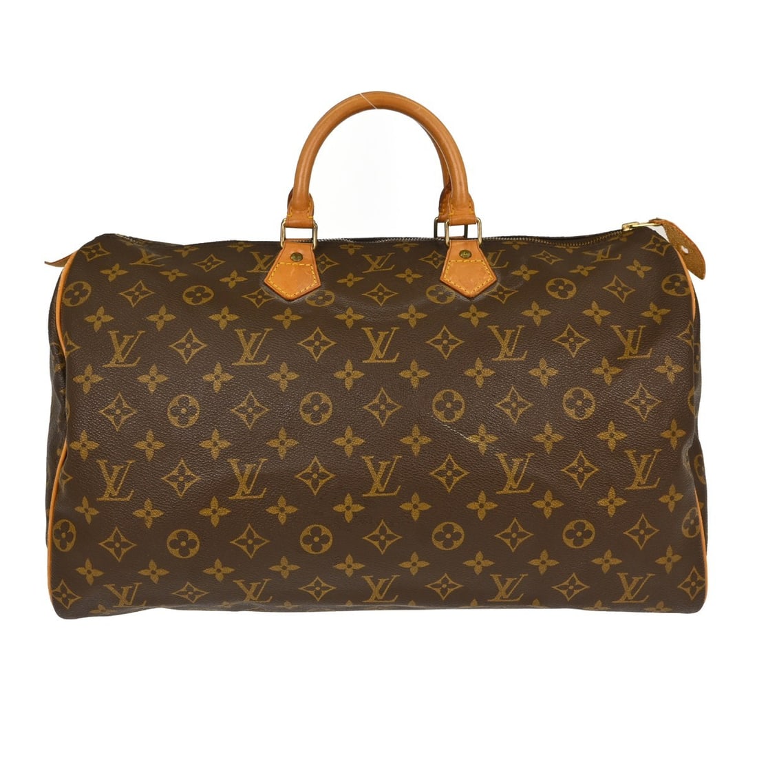 Louis Vuitton Speedy 40 Monogram Canvas Brown Duffle Bag M41522: Louis Vuitton Speedy 40 Monogram Canvas Brown Duffle Bag M41522 Vintage Louis Vuitton Speedy 40 handbag in brown Monogram canvas with leather trim and double handles. This large duffle-style handbag f