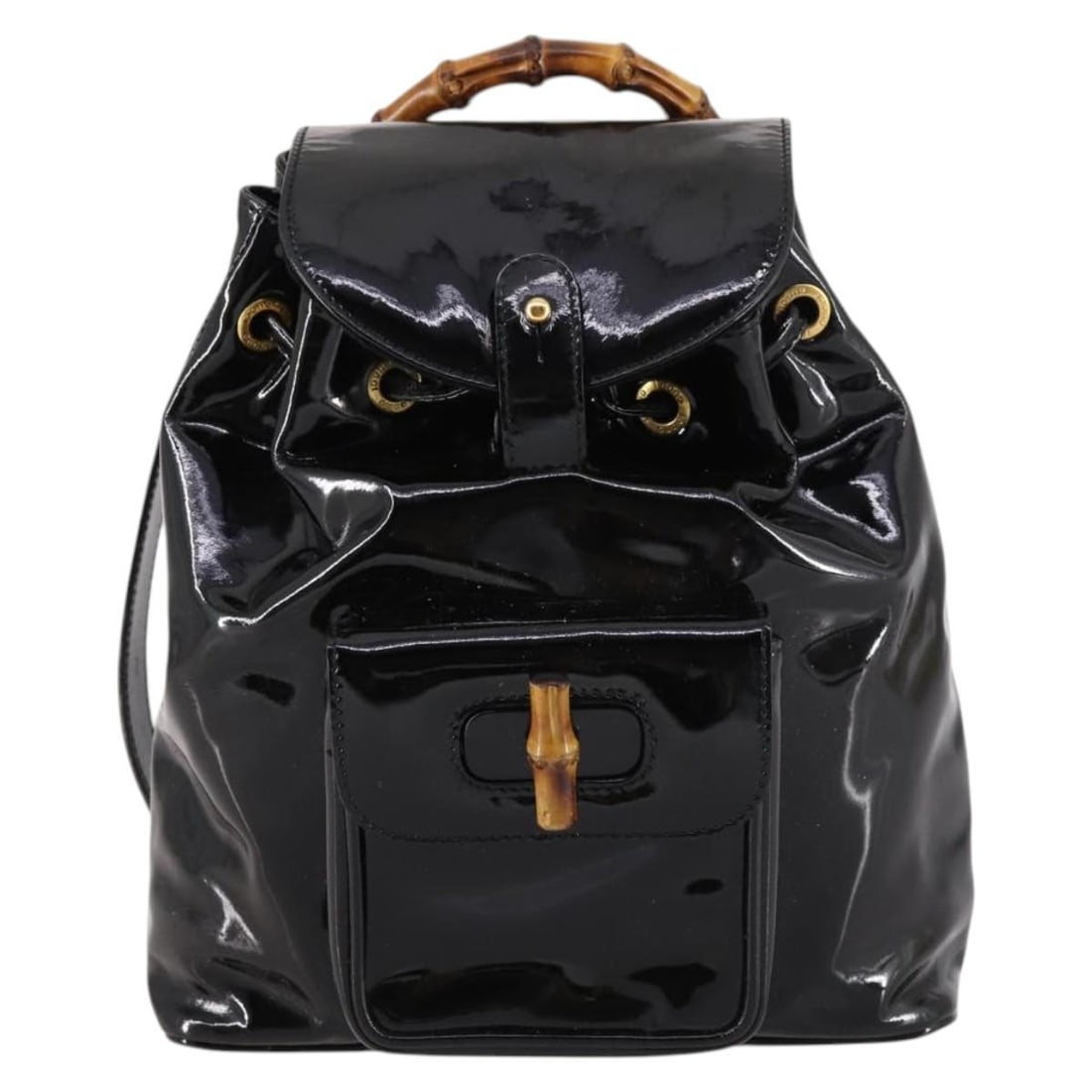 Gucci Vintage Bamboo black patent leather backpack: Gucci Vintage Bamboo black patent leather backpack This Gucci Vintage Bamboo Backpack for women is crafted from black patent leather, featuring the iconic bamboo handle. The bag shows signs of wear in