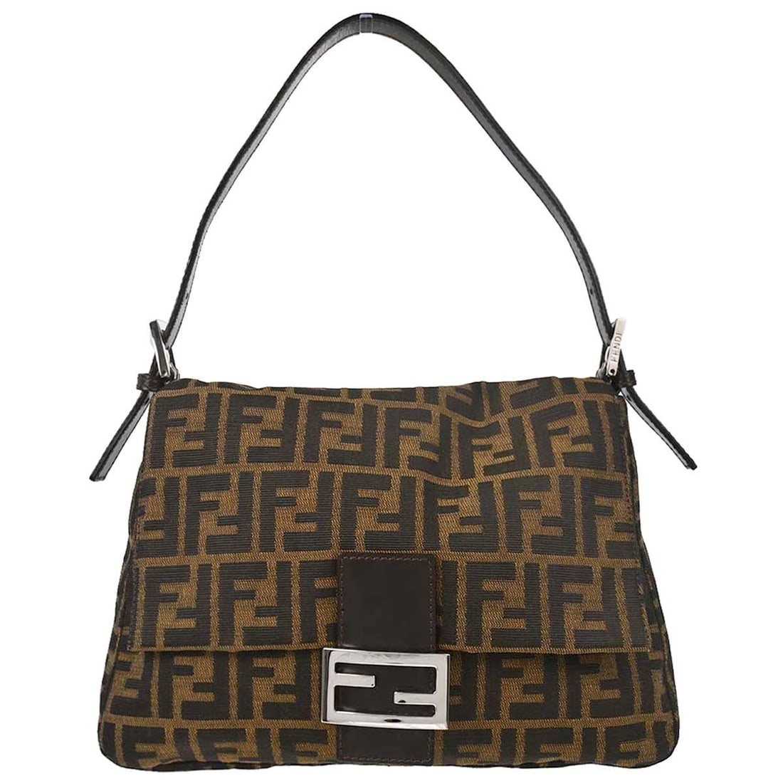 Fendi Mamma Baguette Zucca Brown Canvas Shoulder Bag 2119 26325 099: Fendi Mamma Baguette Zucca Brown Canvas Shoulder Bag 2119 26325 099 Fendi Zucca Mamma Baguette handbag in brown canvas with leather trim and silver-tone hardware. This medium shoulder bag features the