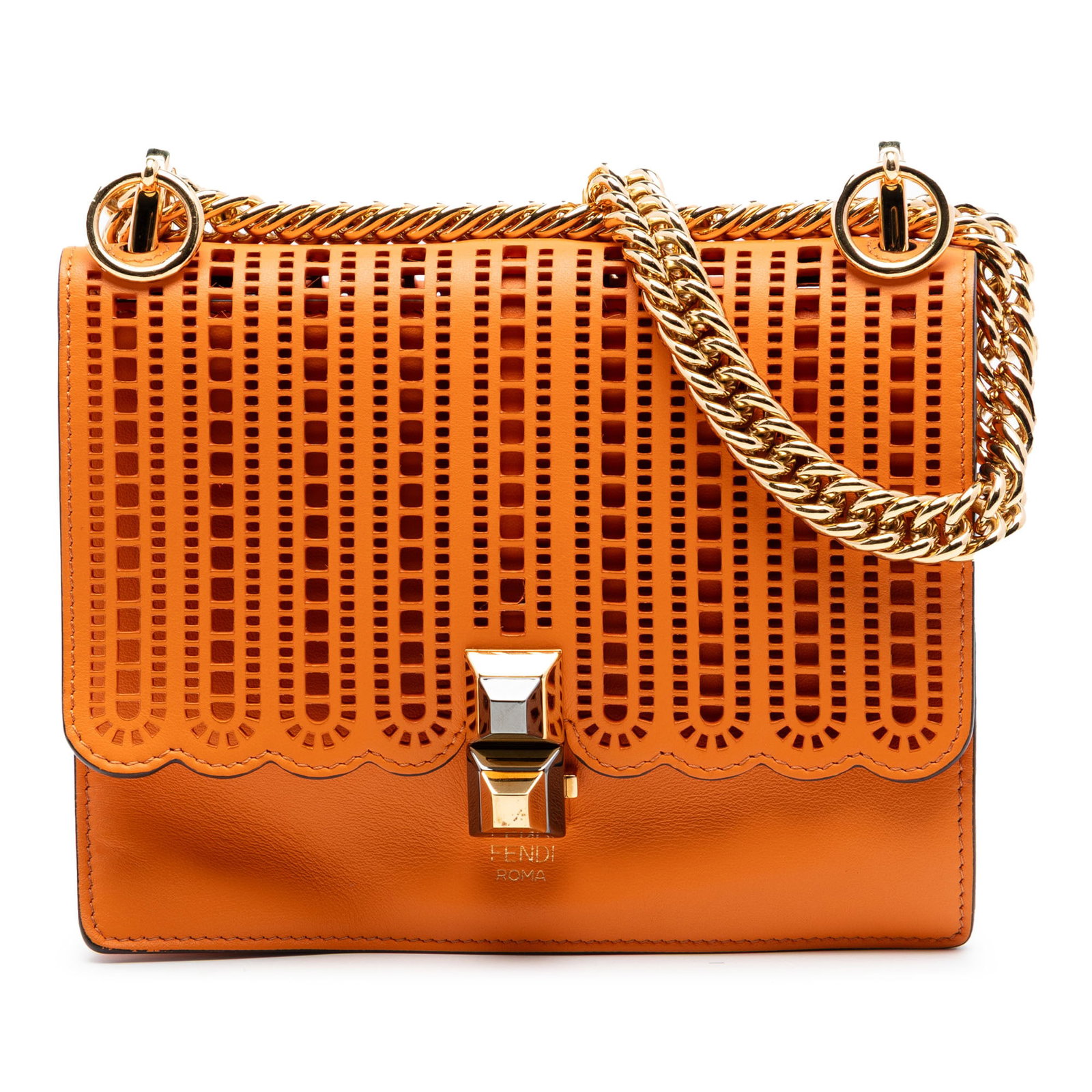 Fendi Kan I Small Vitello Grace Openwork Leather Crossbody: Fendi Kan I Small Vitello Grace Openwork Leather Crossbody Small Fendi Kan I crossbody bag crafted in leather with an openwork design. It features a curb chain shoulder strap, a front flap with push-l