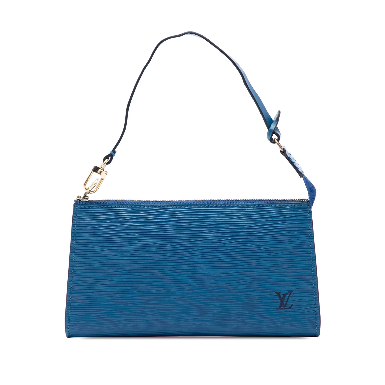 Louis Vuitton Epi Pochette Accessoires Blue Leather Handbag: Louis Vuitton Epi Pochette Accessoires Blue Leather Handbag Louis Vuitton Epi Pochette Accessoires crafted in blue epi leather with a flat leather strap and top zip closure. Made in France. Condition 