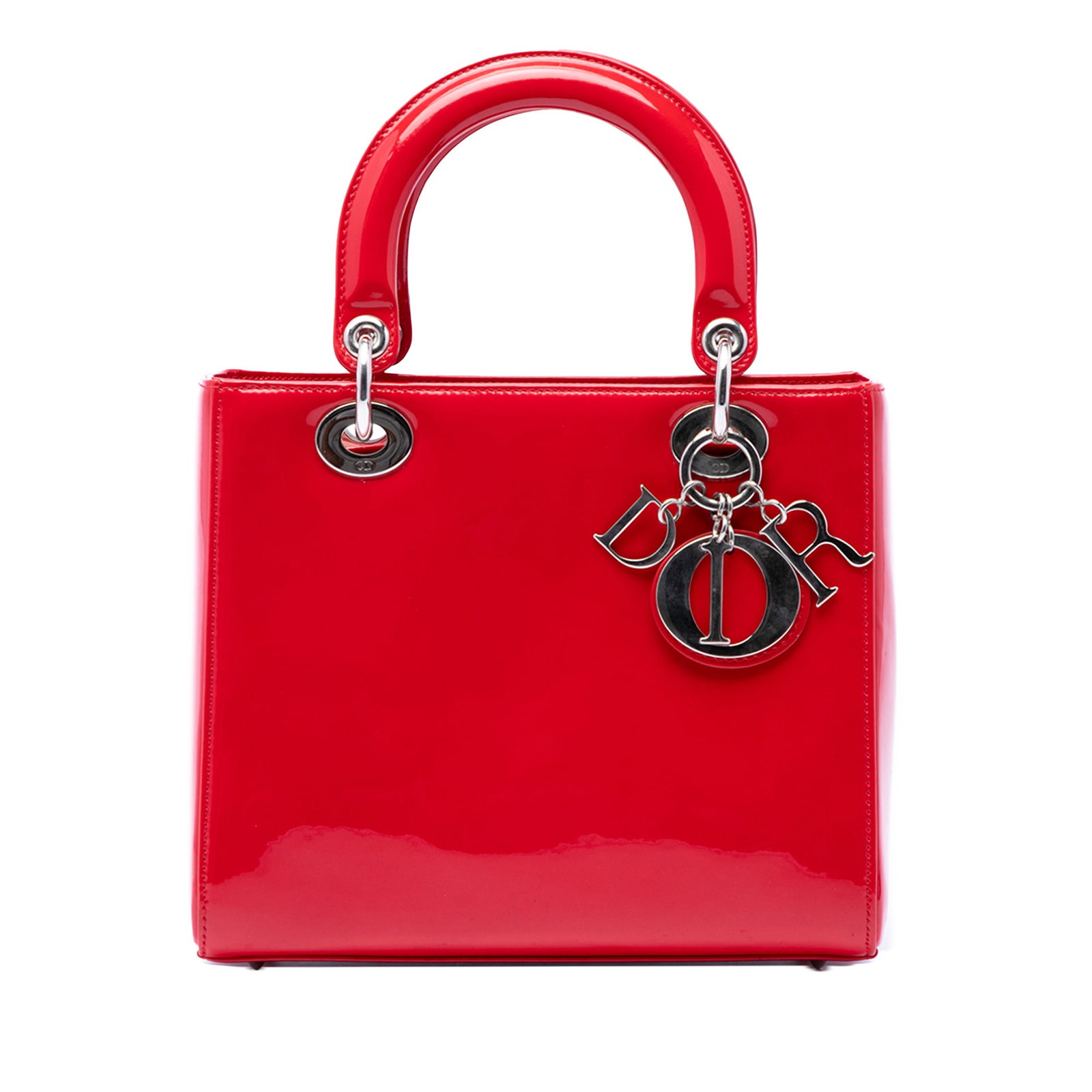 Dior Lady Dior Medium Red Patent Leather Handbag: Dior Lady Dior Medium Red Patent Leather Handbag Medium Lady Dior handbag in red patent leather with flat handles, a top zip closure, and an interior zip pocket. Condition is B+ with visible wear and 
