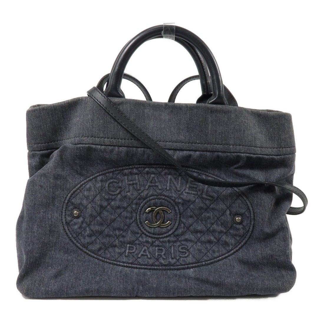 CHANEL A93373 CC Black Denim 2 Way Shoulder Tote Bag: CHANEL A93373 CC Black Denim 2 Way Shoulder Tote Bag A CHANEL 2-way shoulder tote bag in black denim, model A93373. It features a black exterior and frame color, with a 2-way shoulder bag style and re