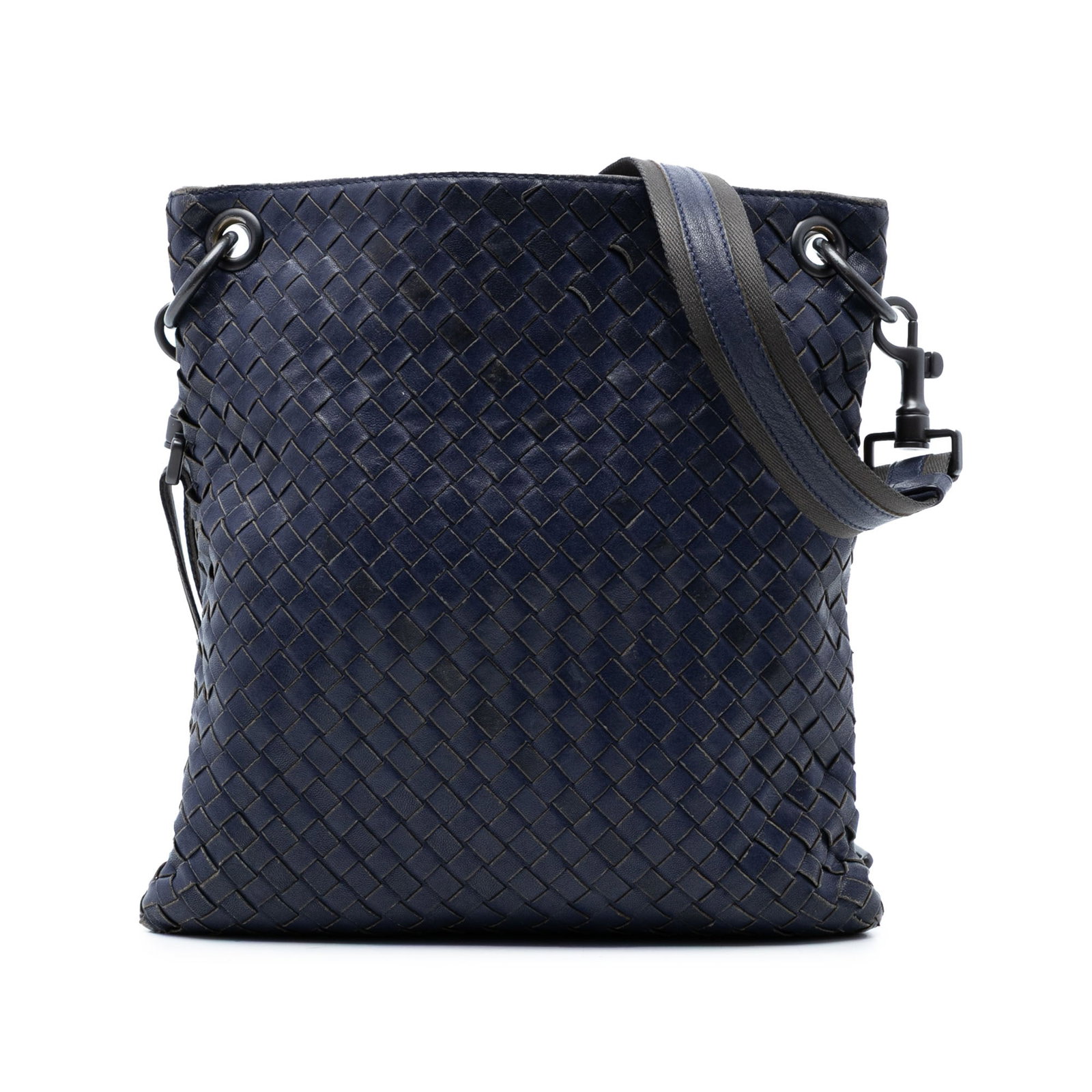 Bottega Veneta woven leather blue crossbody bag: Bottega Veneta woven leather blue crossbody bag This Bottega Veneta Nappa Intrecciato Crossbody bag features the brand's signature woven leather design in blue. It is crafted with an adjustable flat s