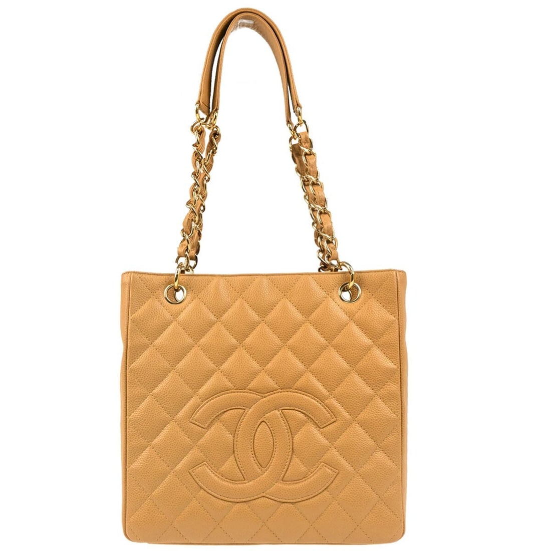 CHANEL Petite Shopping Tote beige caviar leather quilted chain bag: CHANEL Petite Shopping Tote beige caviar leather quilted chain bag Chanel Petite Shopping Tote PST chain handbag in beige caviar skin leather with a quilted design and magnetic closure. This medium to