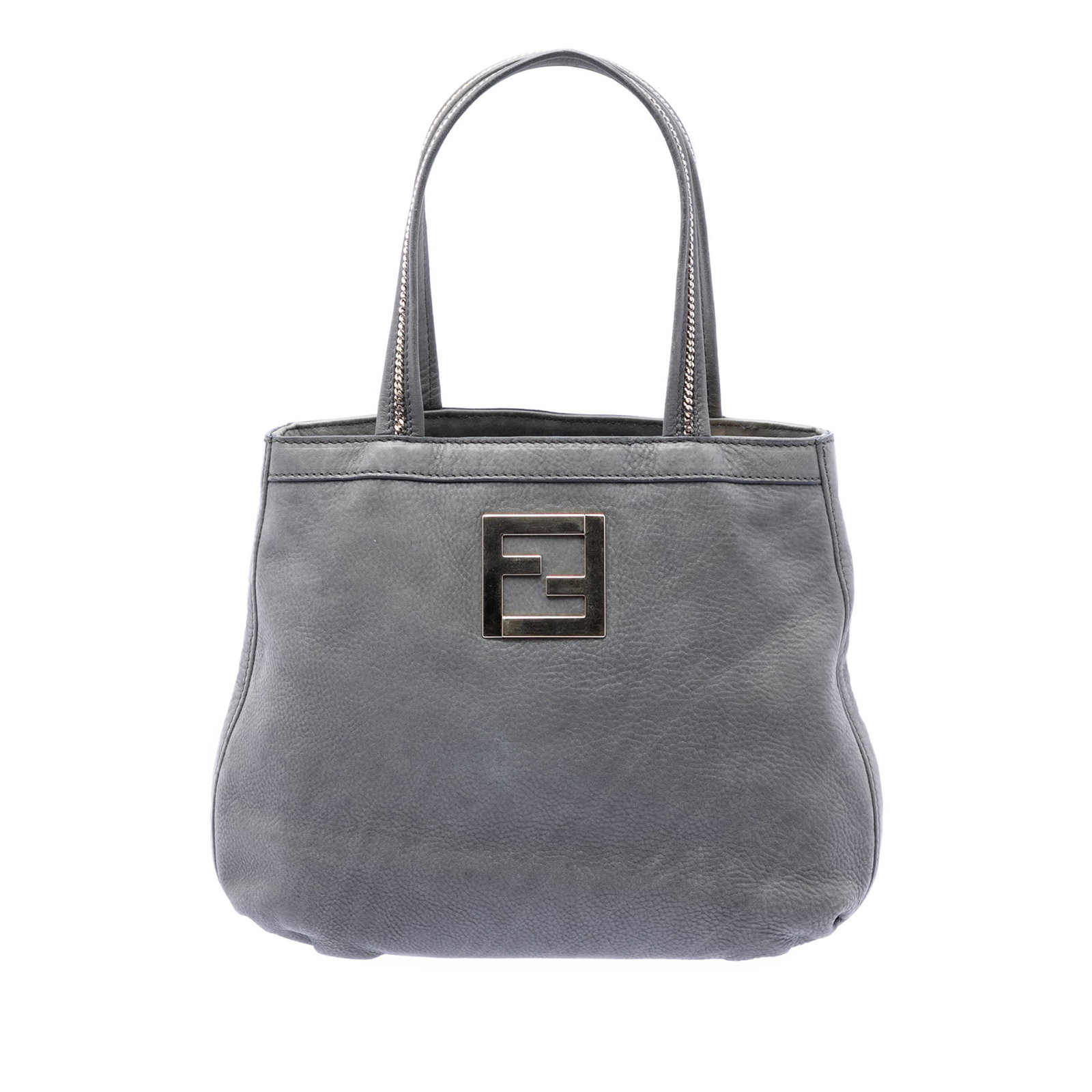 Gray Leather Tote Bag Fendi Nubuck FF Chain Handles: Gray Leather Tote Bag Fendi Nubuck FF Chain Handles Fendi Nubuck FF Chains Tote in gray leather with flat leather handles accented by chain details. The bag features an open top, an interior zip compa