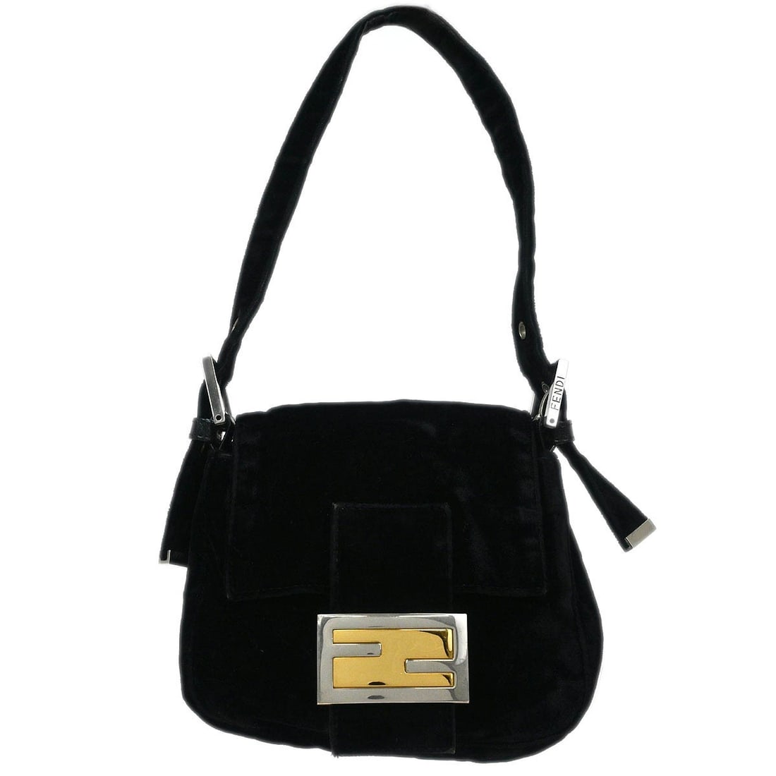 Fendi small black velvet leather top handle bag 2348.26571.089: Fendi small black velvet leather top handle bag 2348.26571.089 Small Fendi handbag in black velvet and leather with a top handle, magnetic closure, logo accents, and an adjustable strap. The bag inclu