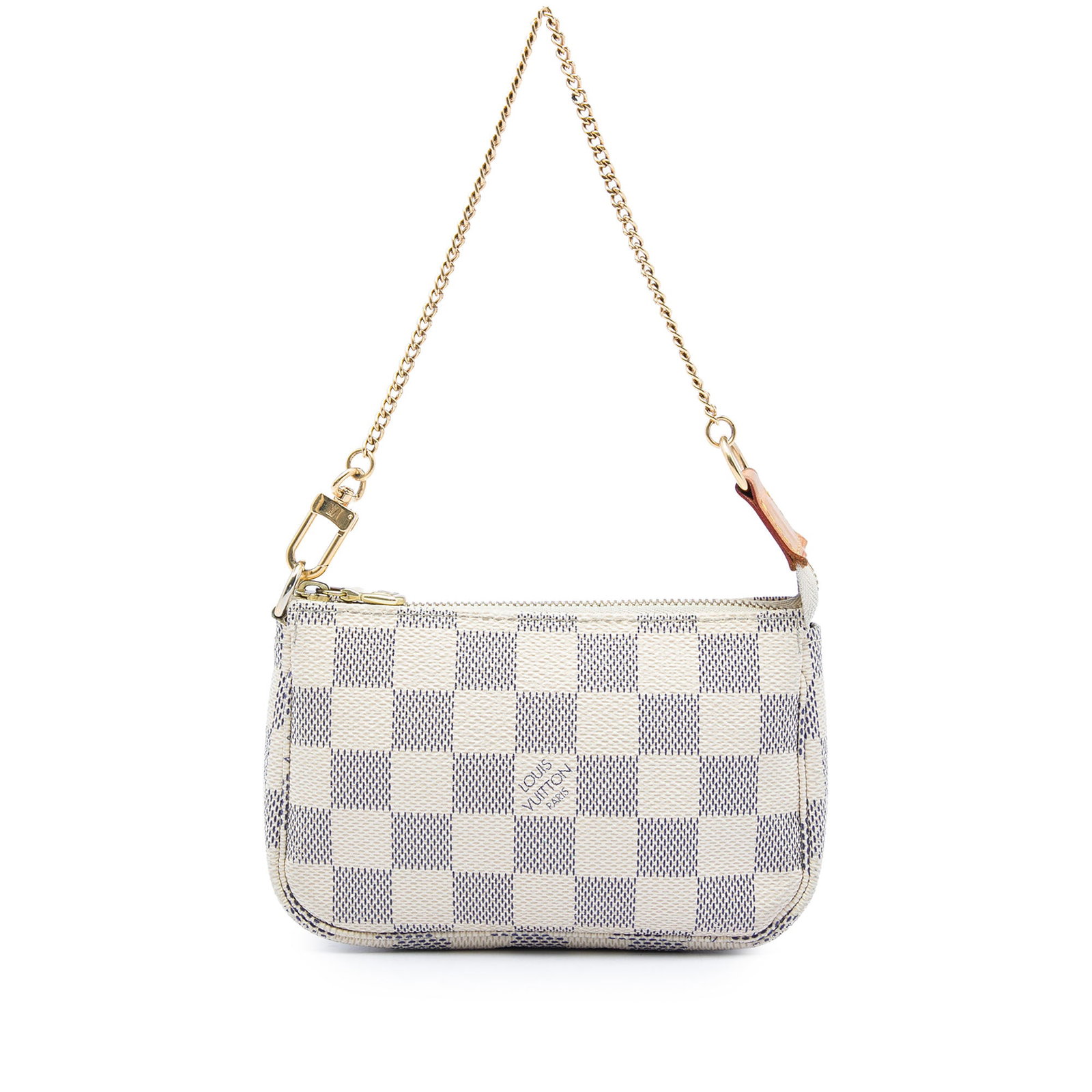 Louis Vuitton Damier Azur Canvas Mini Pochette Bag: Louis Vuitton Damier Azur Canvas Mini Pochette Bag A Louis Vuitton Damier Azur Mini Pochette Accessoires made in France. This compact bag features a Damier Azur canvas body, chain link strap, and top 