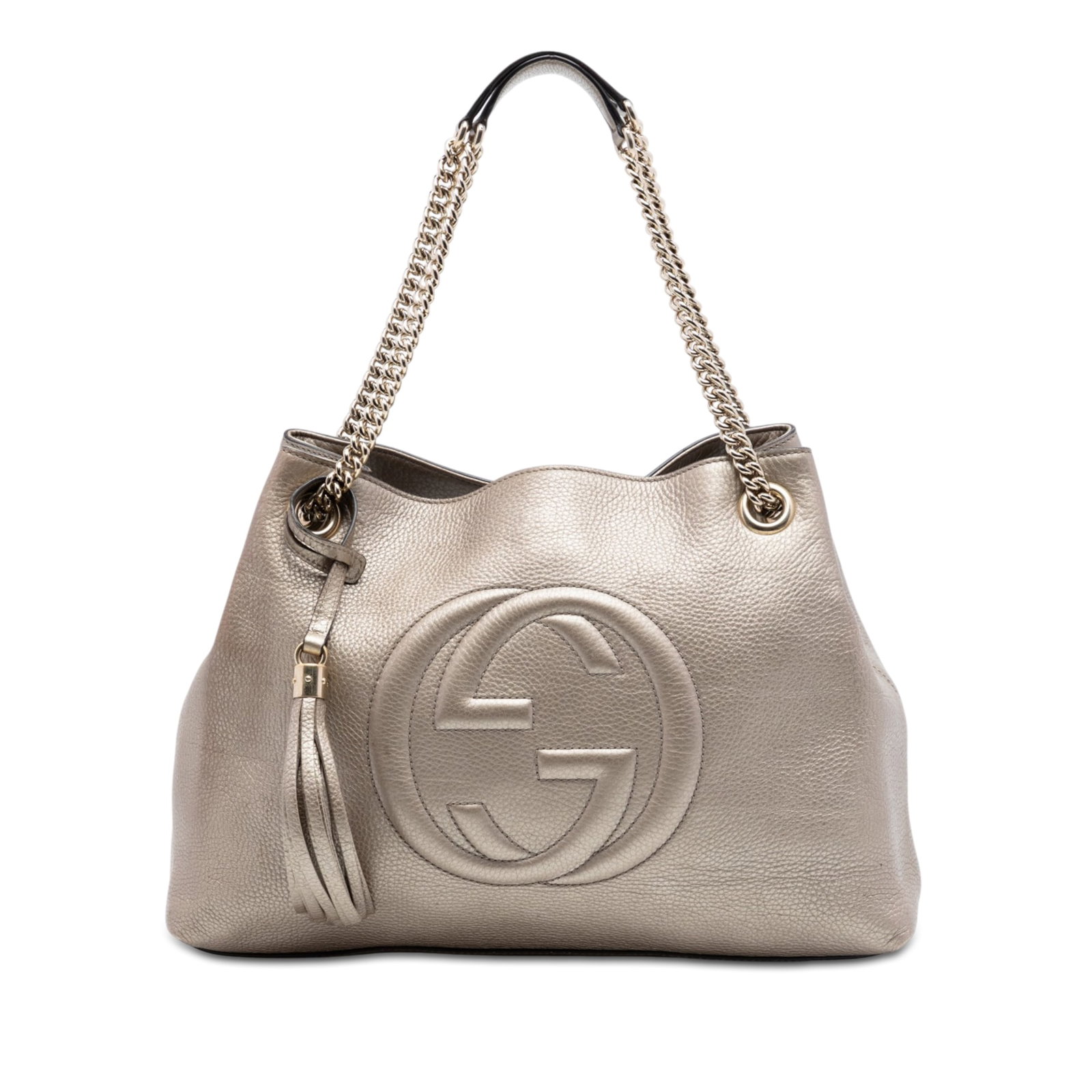 Gucci Soho Chain Tote Medium Metallic Calfskin Leather Bag: Gucci Soho Chain Tote Medium Metallic Calfskin Leather Bag A medium tote bag crafted in metallic calfskin leather with curb chain straps and leather shoulder guards. The open-top design is secured wit