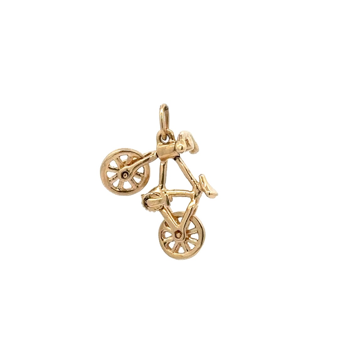 14K Yellow Gold Bicycle Charm Pendant with Moving Wheels Vintage: 14K Yellow Gold Bicycle Charm Pendant with Moving Wheels Vintage Vintage collectible charm pendant in the shape of a bicycle with functional wheels. Crafted in 14k solid yellow gold, this original pen