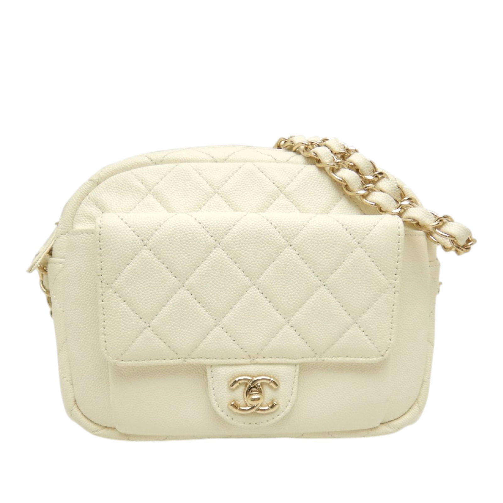 Chanel Day Camera crossbody bag in white quilted caviar leather: Chanel Day Camera crossbody bag in white quilted caviar leather Chanel CC Quilted Caviar Day Camera Bag in white quilted caviar leather. This crossbody bag features a leather-woven chain strap, top zi