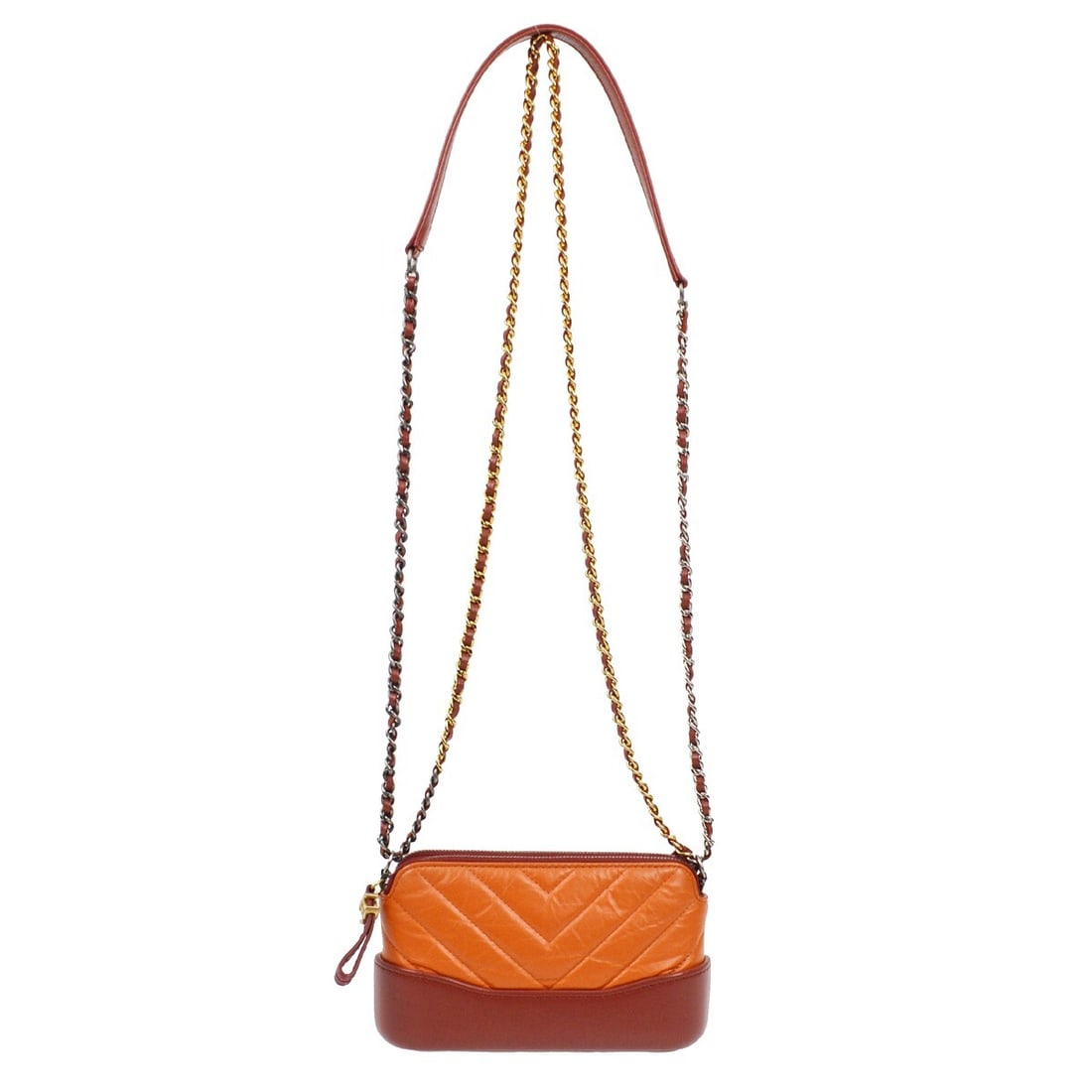 Chanel Gabrielle Chevron Wallet on Chain Orange Calfskin: Chanel Gabrielle Chevron Wallet on Chain Orange Calfskin Chanel Gabrielle Wallet on Chain in orange calfskin with chevron quilting. This women's wallet features an exterior pocket, six interior card p